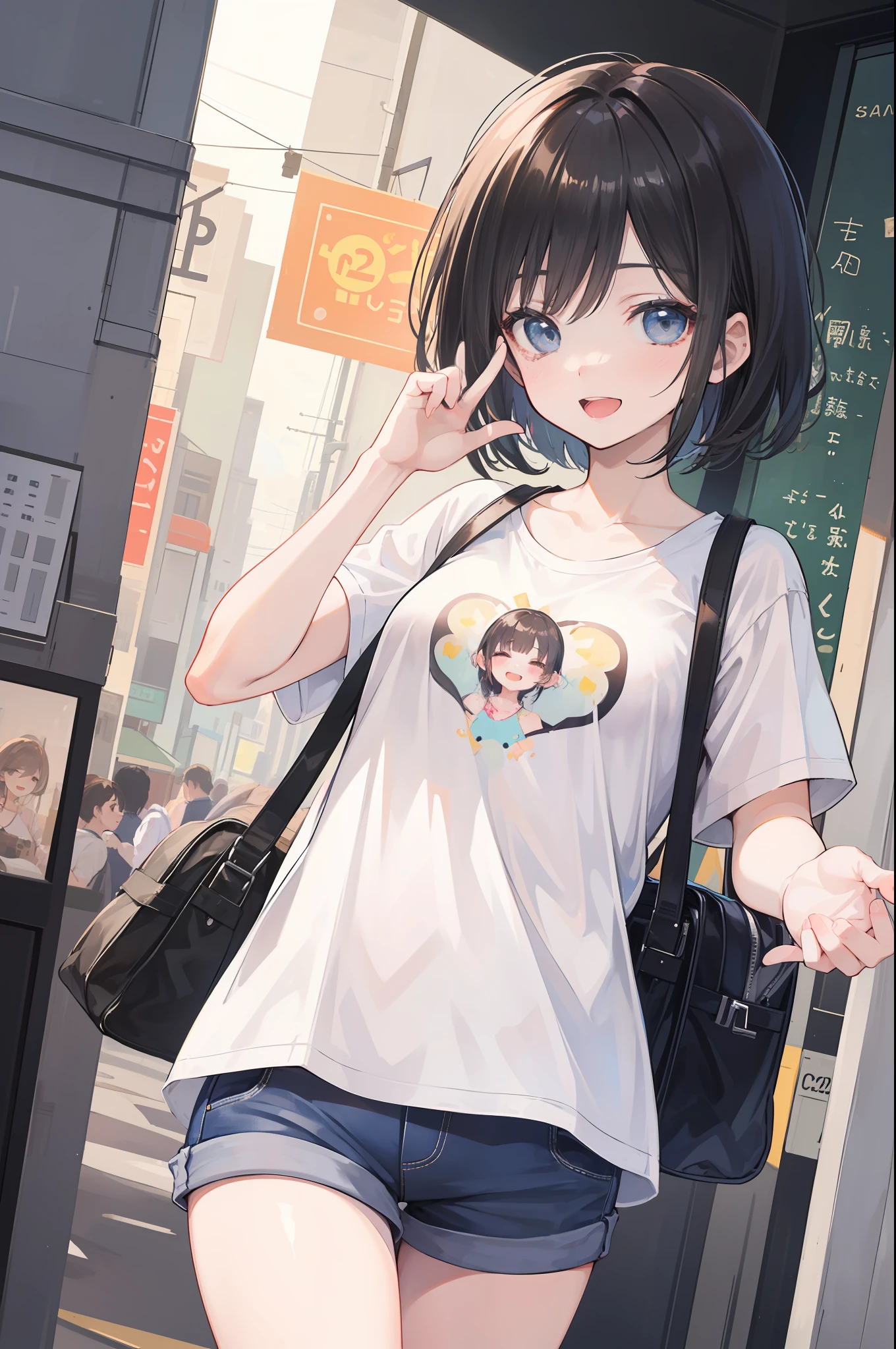 1 girl in、(Masterpiece Highest Quality:1.2)、((High resolution of the highest quality))、Shorthair with black hair、Smile with open mouth、winc、Close one eye、One-handed piece、delicate finger、Incredibly detailed depiction、tshirts、shortpants、Looking at the camera、View from the front from oblique、Cute smile
