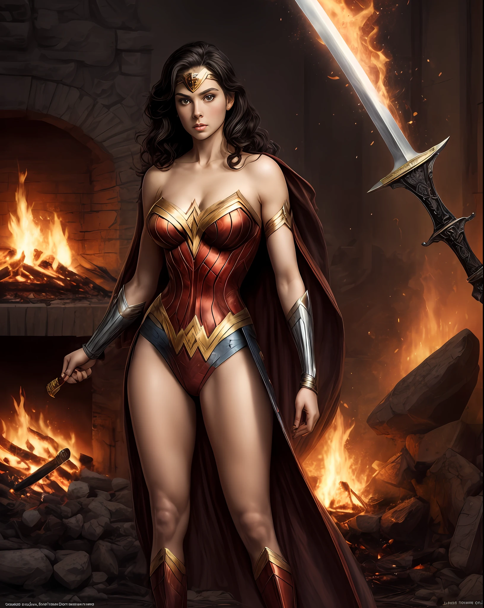 Wonderwoman, young, beautiful, voluptuous, open cleavage, standing in front of a raging fire, sword in hand, by Louis royo, Boris vellejo, Frank frazetta