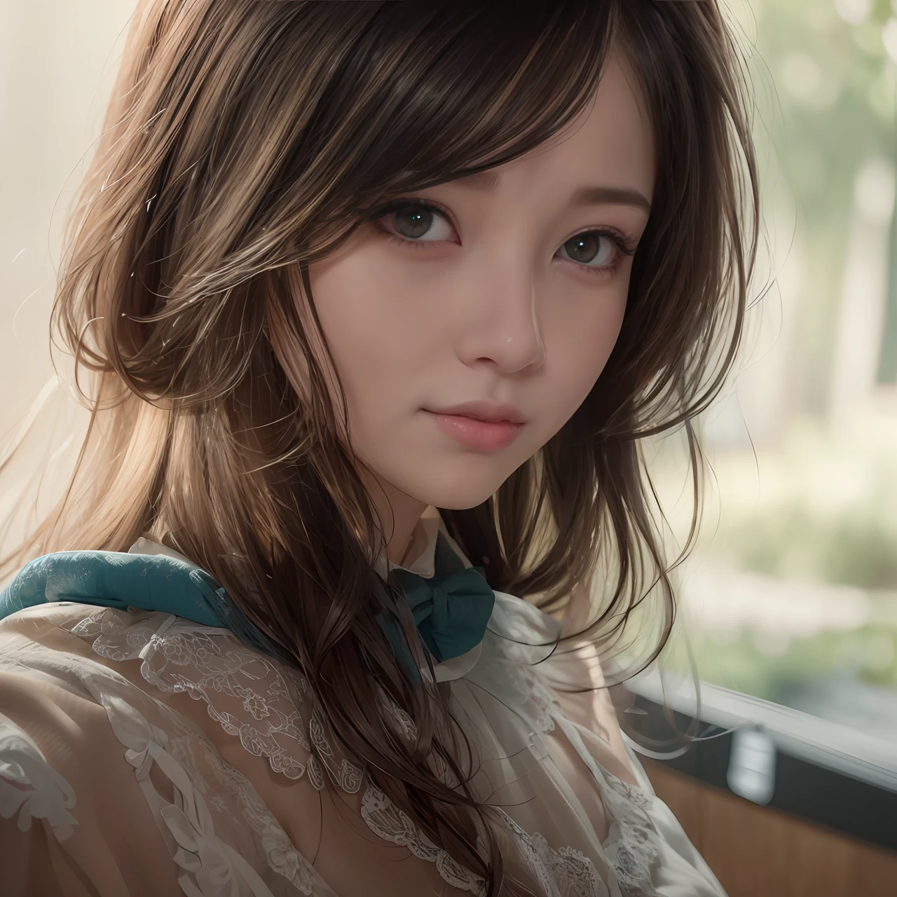 There is a woman with long hair and a bow tie, kawaii realistic portrait, photorealistic anime girl render, photorealistic anime, soft portrait shot 8 k, Hyper realistic anime, 3 d anime realistic, Photorealistic beautiful face, beautiful realistic face, Stunning anime face portrait, realistic young anime girl, portrait cute-fine-face, Realistic beautiful face, realistic cute girl painting