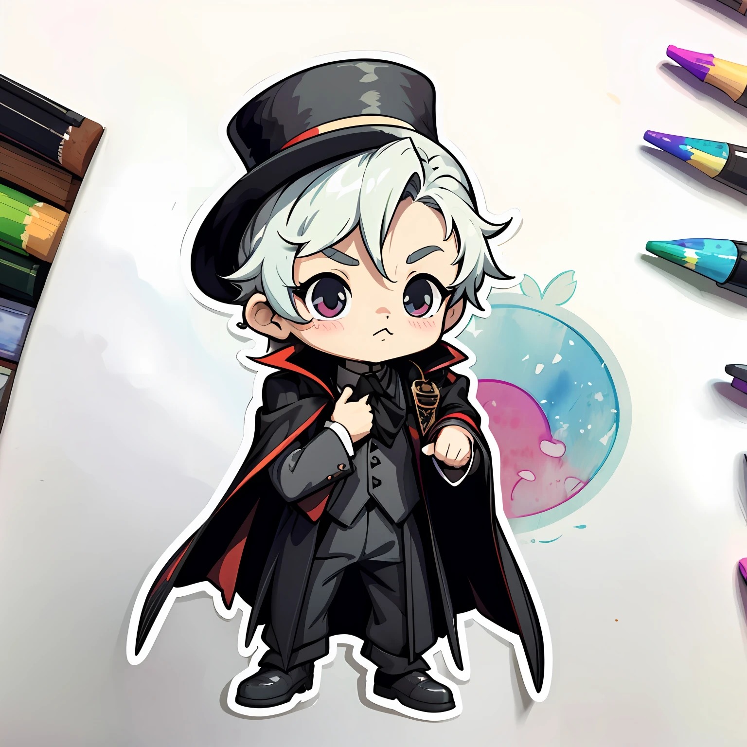 male people、He wears a black tailcoat、Black cloak、Top hat、watercolor paiting、White background、simple background、minimalistic、cute little、A tiny、PastelColors、vector image style、no gradien、Mouth open
