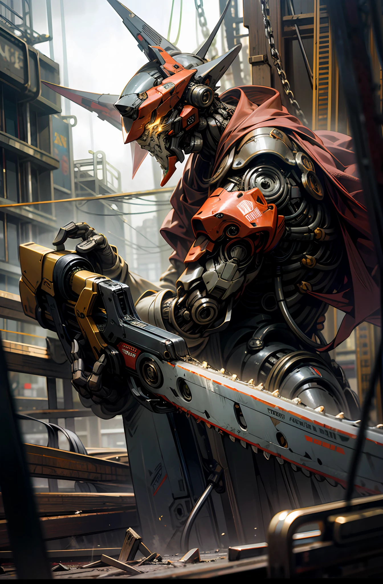Dark_fantasy,Cyberpunk,(chainsaw,chainsawman,Red:1.1),1人,Mechanical Wonder,Robotic presence,cybernetic guardians,wearing a worn-out mech suit，iintricate，（Steel metal[rusted]），ellegance，Clear focus，Photo by Greg Rutkowski，gentlesoftlighting，vivd colour，tmasterpiece，（（the street）），，dynamicposes，