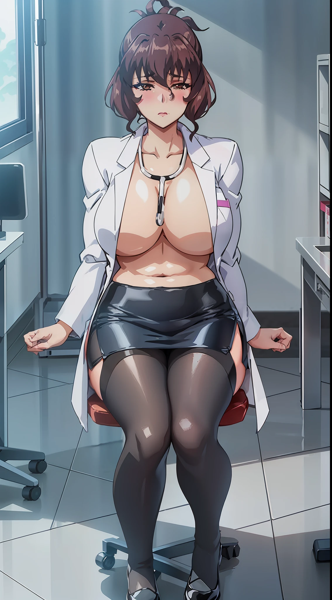 (beautiful hand:1.2), (masterpiece, best quality:1.3), Aiko Katsuragi, mature female, (full body shot:1.05), milf, (curvy:0.9), 1girl, anime face, sitting on chair, doctor, labcoat, stethoscope, short pencil skirt, (thighhighs:1.05), highheels, makeup, large breasts, lipstick, brown eyes, folded ponytail, brown hair, cleavage, perfect body, (athletic body:1.1), perfect eyes, anime eyes, smoky eyeliner, eyeshadow, perfect face, caring face, glance, blush, high sharpness, sharp focus, medical room, professional artwork, intricate details, vivid colors, Diffused lighting, digital blending, ultra detailed body, ultra detail hair, ultra detail face, trending on pixiv, topless, no shirt