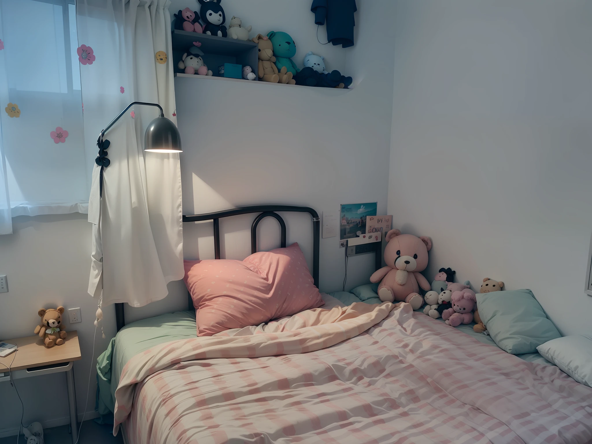 There is a bed,There is a pink pillow and a stuffed toy on it, small and cosy student bedroom, bed on the right, inside bedroom,