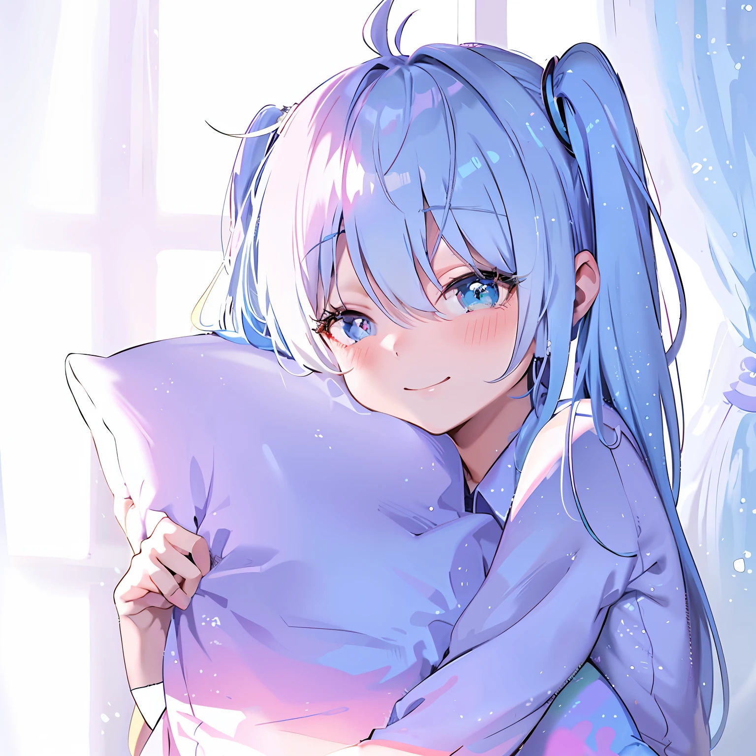 Anime girl with blue hair hugging pillow in front of her face, Cute anime girl, up of young anime girl, anime visual of a cute girl, (Anime girl), An anime girl, Beautiful anime girl, anime moe art style, pretty anime girl, Anime girl, nightcore, anime best girl, Anime girl with teal hair, mikudayo, little shy smile