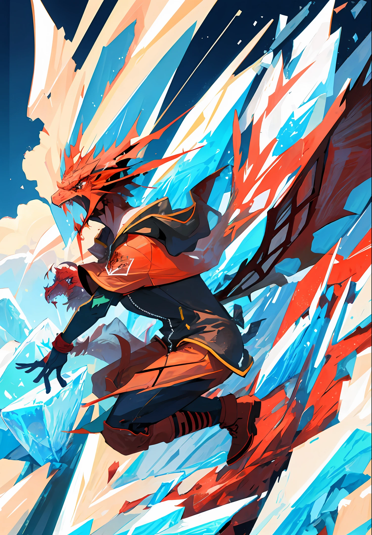 Red dragon，massive wings，Spit out ice