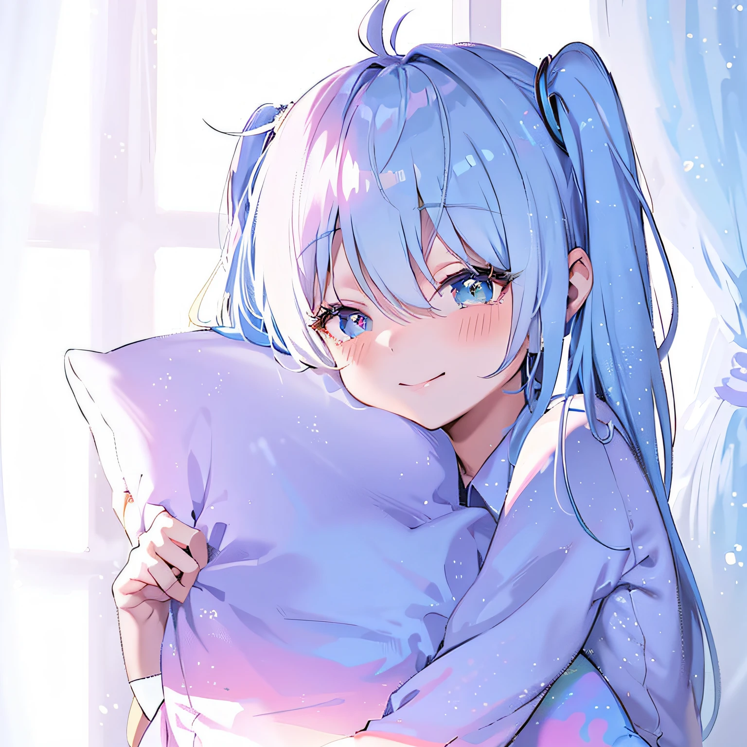 Anime girl with blue hair hugging pillow in front of her face, Cute anime girl, up of young anime girl, anime visual of a cute girl, (Anime girl), An anime girl, Beautiful anime girl, anime moe art style, pretty anime girl, Anime girl, nightcore, anime best girl, Anime girl with teal hair, mikudayo, little shy smile