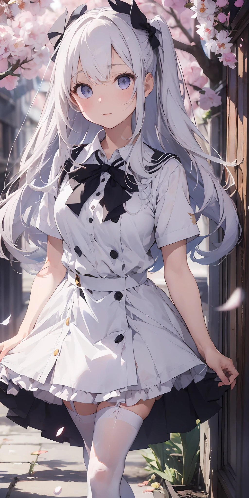 1girl, beautiful detailed eyes, long white hair, light grey eyes, school uniform, high white stocking, vivid, flower, daffodil, hyacinth, falling petals, , high contrast, ((masterpiece, best quality)), cinematic light, cinematic composition