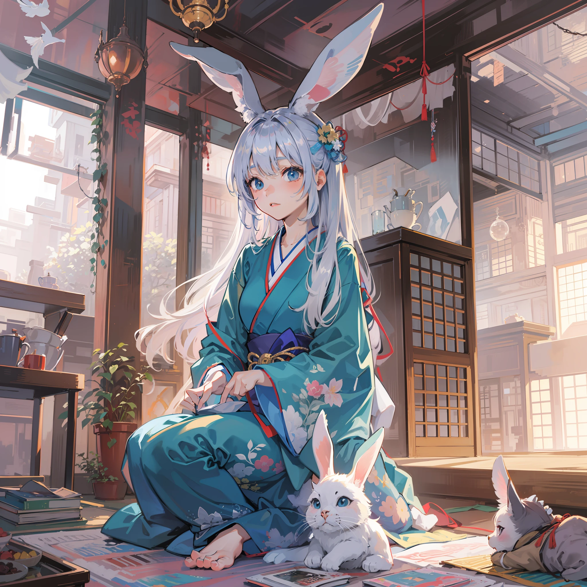 Become a woman。Female with rabbit ears。Silver-haired long-haired woman。Woman in blue kimono、I am in a Japanese-style room。I am sitting upright。It is an anime-style illustration。Beautiful with the best image quality。
