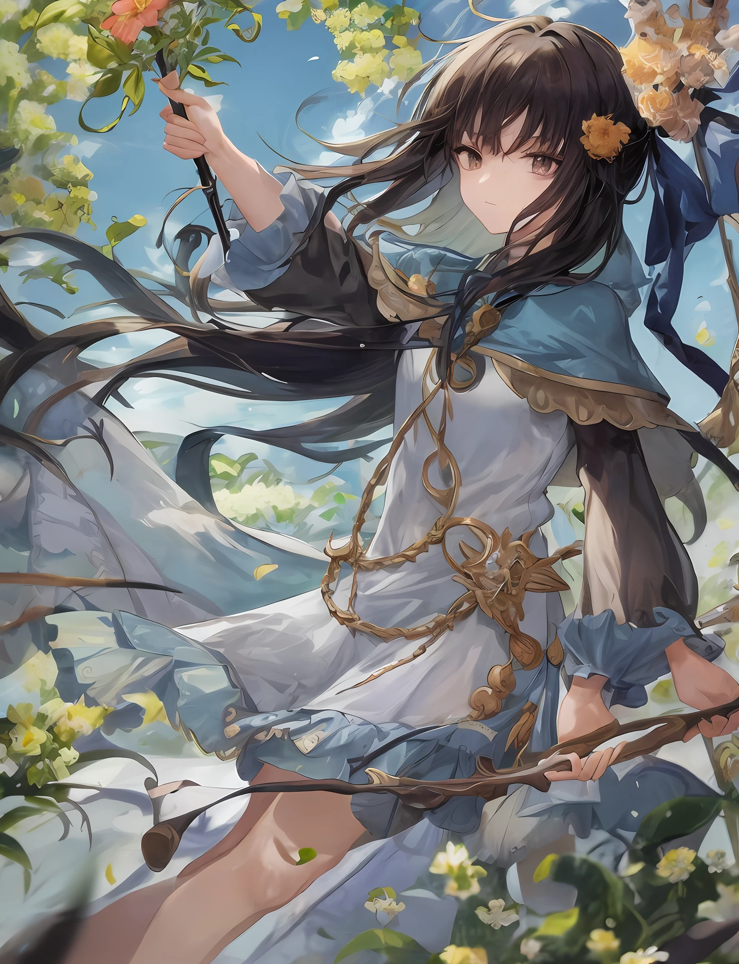whaite hair,magestic,Hold the staff in your hand,style of anime,flor branca,Among the flowers,Staff,summer day,Blurred foreground