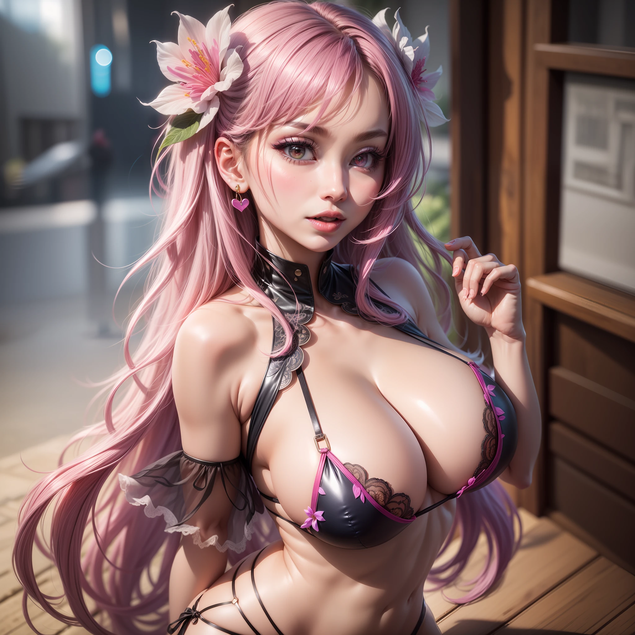 Best quality,Amazing,Masterpiece,Delicate,超高分辨率,Ultra detailed,intricately details,Beautiful detailed,8K resolution,(Extremely detailed Cg Unity 8K wallpaper),Sharp focus,((No text)),breast conscious,gigantic cleavage breasts,Areola Slip,Covered,Bursting breasts,Lively breasts,framed breasts,Chest patch with high transparency and transparency,Chest patch,Chest patch bikini,Tongue stock,Makeup,cheerfulness,Reflectors,ahegao,Pink eyes,Heart earrings,1,Solo,Female pervert,view the viewer,hair flower,Long hair,multicolored hair,Shiny hair,Barefoot,Bottomless,Thick thighs,Bare legs,