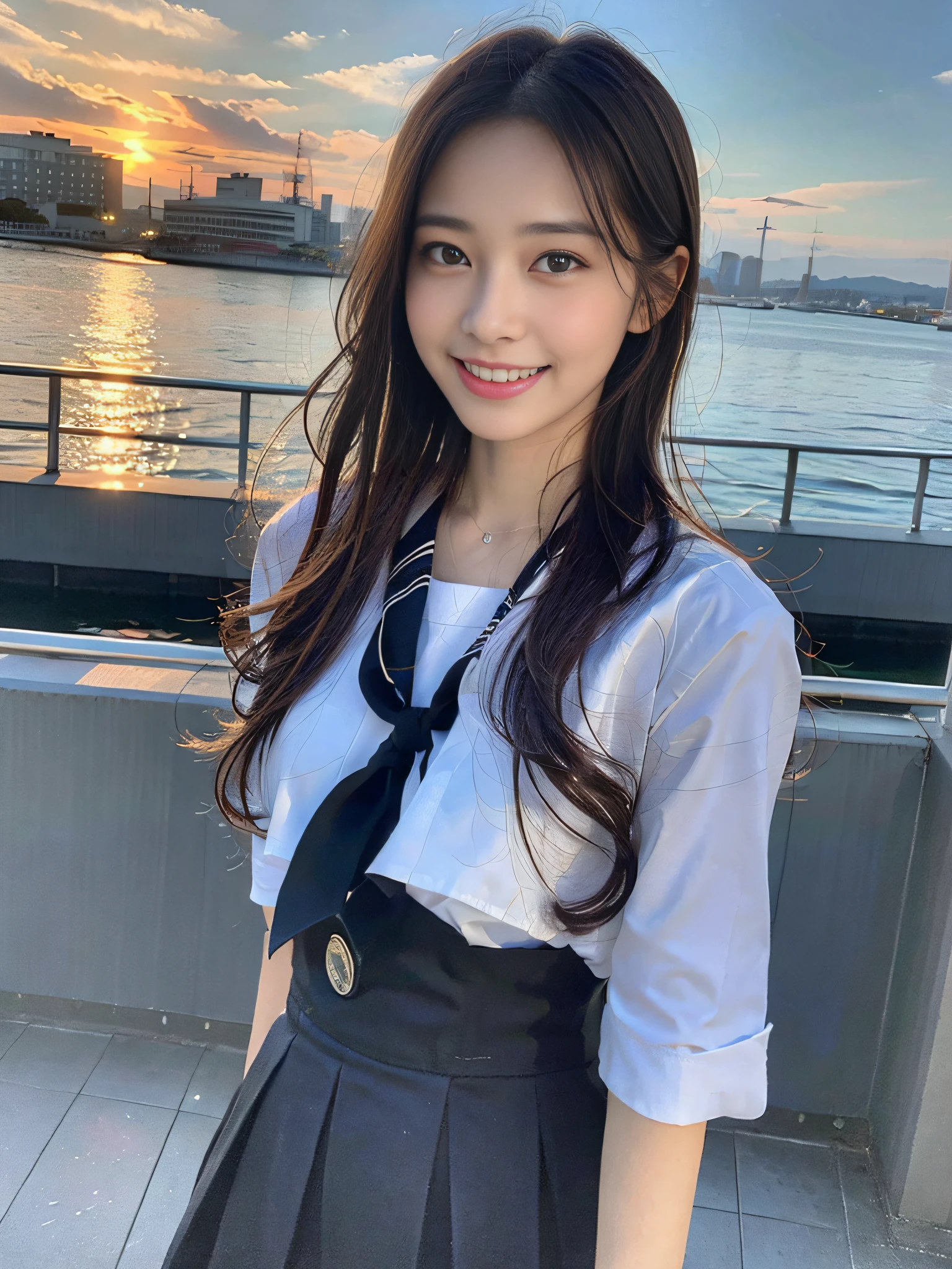 (8K、Raw photography、top-quality、​masterpiece:1.2)、ultra-detailliert、ultra res、(realisitic、Real Photographics:1.47)、（Using the kiss you throw as a camera）From  above、Camera from above、Camera angle from above、I'm looking at this with upward eyes、Arms outstretched、arms spread wide、High-quality images taken with a camera from above、Above the sea、、Offshore Girl（Fantastic lighting）head to waist、、de pele branca、Fair-skinned female proofreading、An ultra-high picture quality、、Beautiful female proofreading reflecting in light、amazing detailed、Beautiful girls in very detailed、Faces with different patterns、Different face patterns、Each hairstyle has its own characteristics、Farbe々Hairstyle、Farbe々Hair color shining with clean light、I enjoy fishing on a boat、Brown hair shining in the light、One has a ponytail、、Modern cute high school girl、very detailed faces very detailed eyes、Very realistic skin、 extremely detailed fingers, highly detailed nose, highly detail mouth, perfect anatomia, Highly detailed sailor suit、、The details of their hair and uniforms shine through、Burning teeth and smiling、Realistic body, de pele branca, glistning skin, Slim body,  Long straight hair, (Blunt bangs:1.2), , nixeu and sakimichan, TWICE, Seifuku, sakimichan, JK Uniform, wearing japanese school uniform, promo still, Larisa Manobal, Japan school uniform, japanese girl school uniform, alena aenami and lilia alvarado