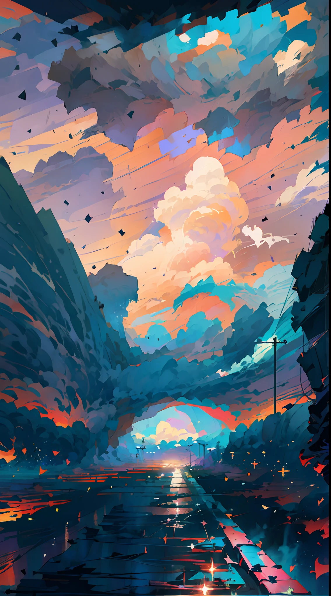 anime scene of a train passing under a pink and purple sky, an anime drawing by Makoto Shinkai, trending on pixiv, magical realism, beautiful anime scene, cosmic skies. by makoto shinkai, ( ( makoto shinkai ) ), by makoto shinkai, anime background art, style of makoto shinkai