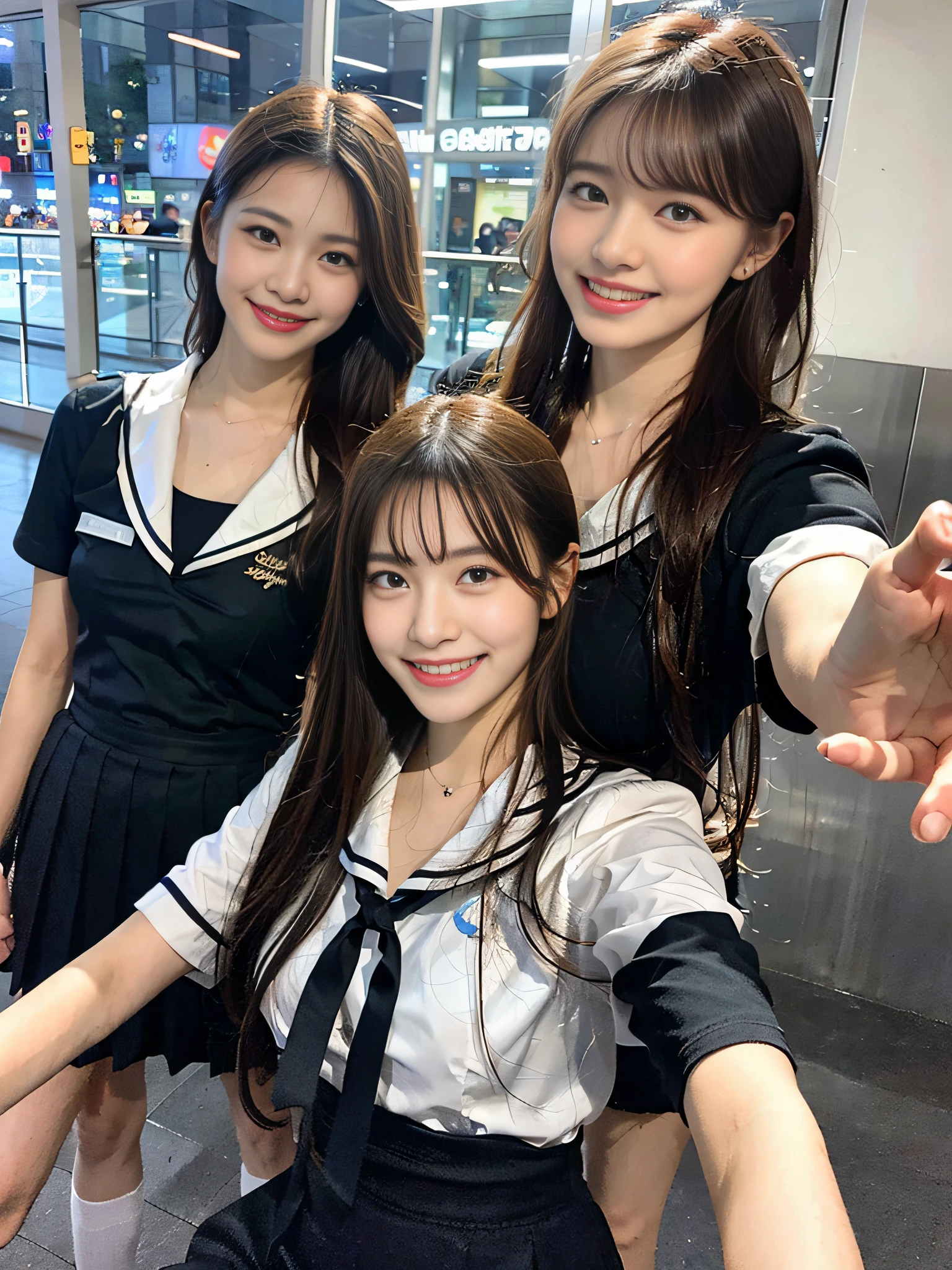 (8K、Raw photography、top-quality、masterpiece:1.2)、ultra-detailliert、ultra res、(realisitic、Real Photographics:1.47)、(Using the kiss you throw as a camera)From above、Camera from above、Camera angle from above、I'm looking at this with upward eyes、Arms outstretched、arms spread wide、High-quality images taken with a camera from above、Above the sea、、Offshore Girl(Fantastic lighting)head to waist、、de pele branca、Fair-skinned female proofreading、An ultra-high picture quality、、Beautiful female proofreading reflecting in light、amazing detailed、Beautiful girls in very detailed、Faces with different patterns、Different face patterns、Each hairstyle has its own characteristics、Farbe々Hairstyle、Farbe々Hair color shining with clean light、I enjoy fishing on a boat、Brown hair shining in the light、One has a ponytail、、Modern cute high school girl、very detailed faces very detailed eyes、Very realistic skin、 extremely detailed fingers, highly detailed nose, highly detail mouth, perfect anatomia, Highly detailed sailor suit、、The details of their hair and uniforms shine through、Burning teeth and smiling、Realistic body, de pele branca, glistning skin, Slim body, Long straight hair, (Blunt bangs:1.2), , nixeu and sakimichan, TWICE, Seifuku, sakimichan, JK Uniform, wearing japanese school uniform, promo still, Larisa Manobal, Japan school uniform, japanese girl school uniform, alena aenami and lilia alvarado