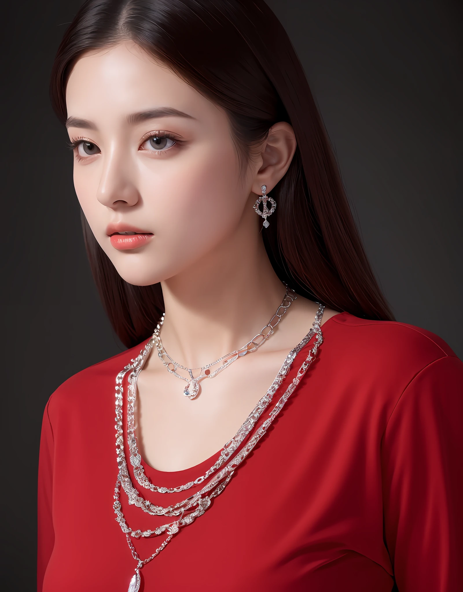 (8K, Best quality : 1.2), (Masterpiece, photograph realistic : 1.3), Super detail, Charming woman in low cut red shirt, Display of silver chain necklace and pendant, Soft lighting
