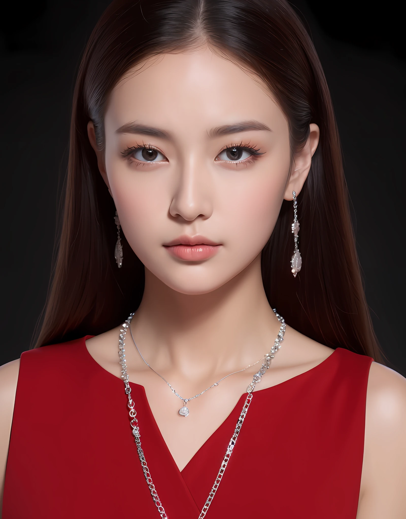 (8K, Best quality : 1.2), (Masterpiece, photograph realistic : 1.3), Super detail, Charming woman in low cut red shirt, Display of silver chain necklace and pendant, Soft lighting