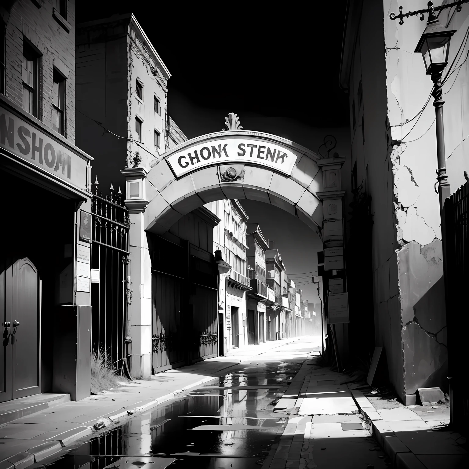 Dilapidated streets,Casino gates,black andwhite,deserted,dark,Lonely pedestrians --auto