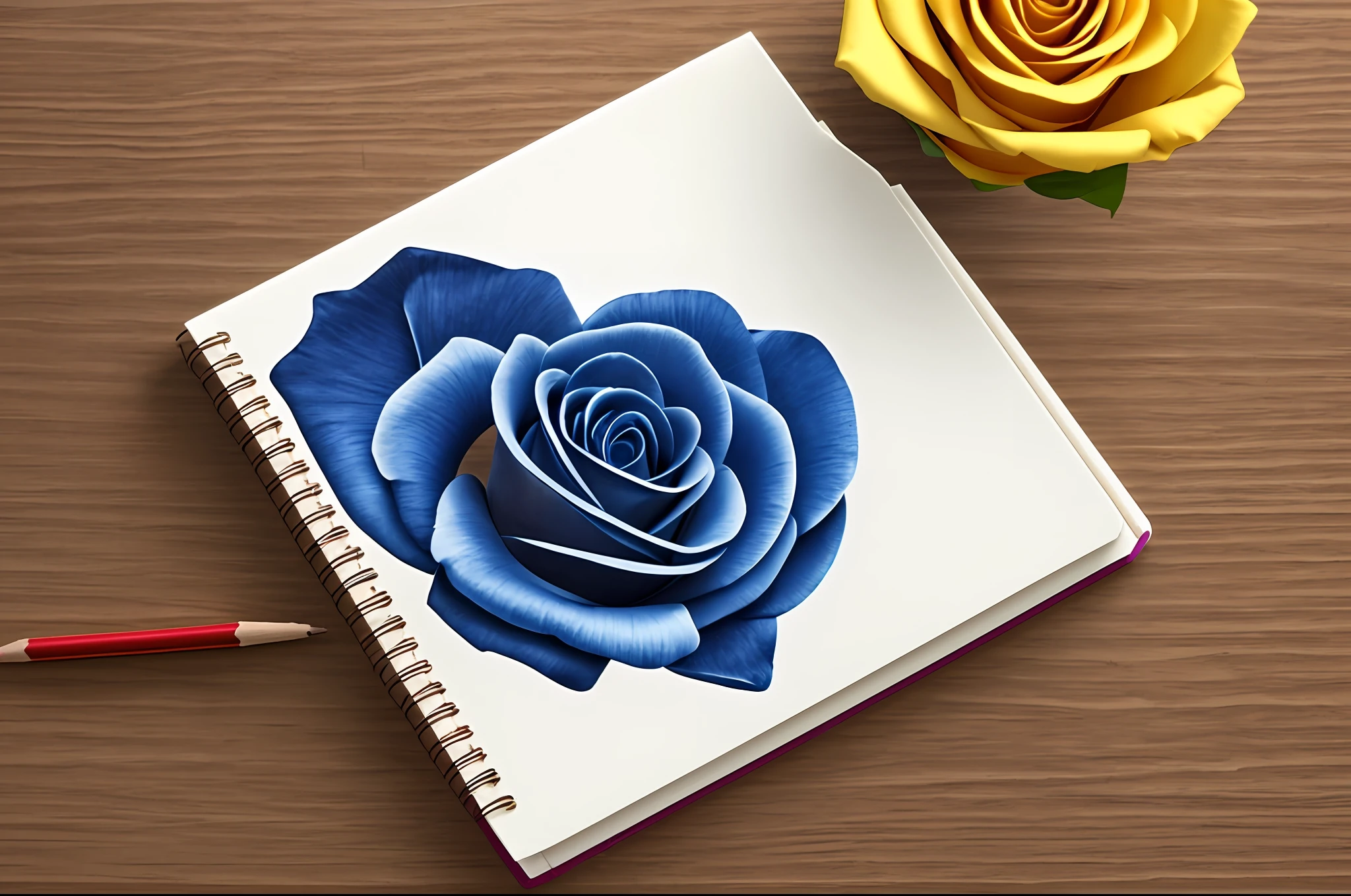 a blue rose on the table next to a pencil paper. View from above. --auto --s2