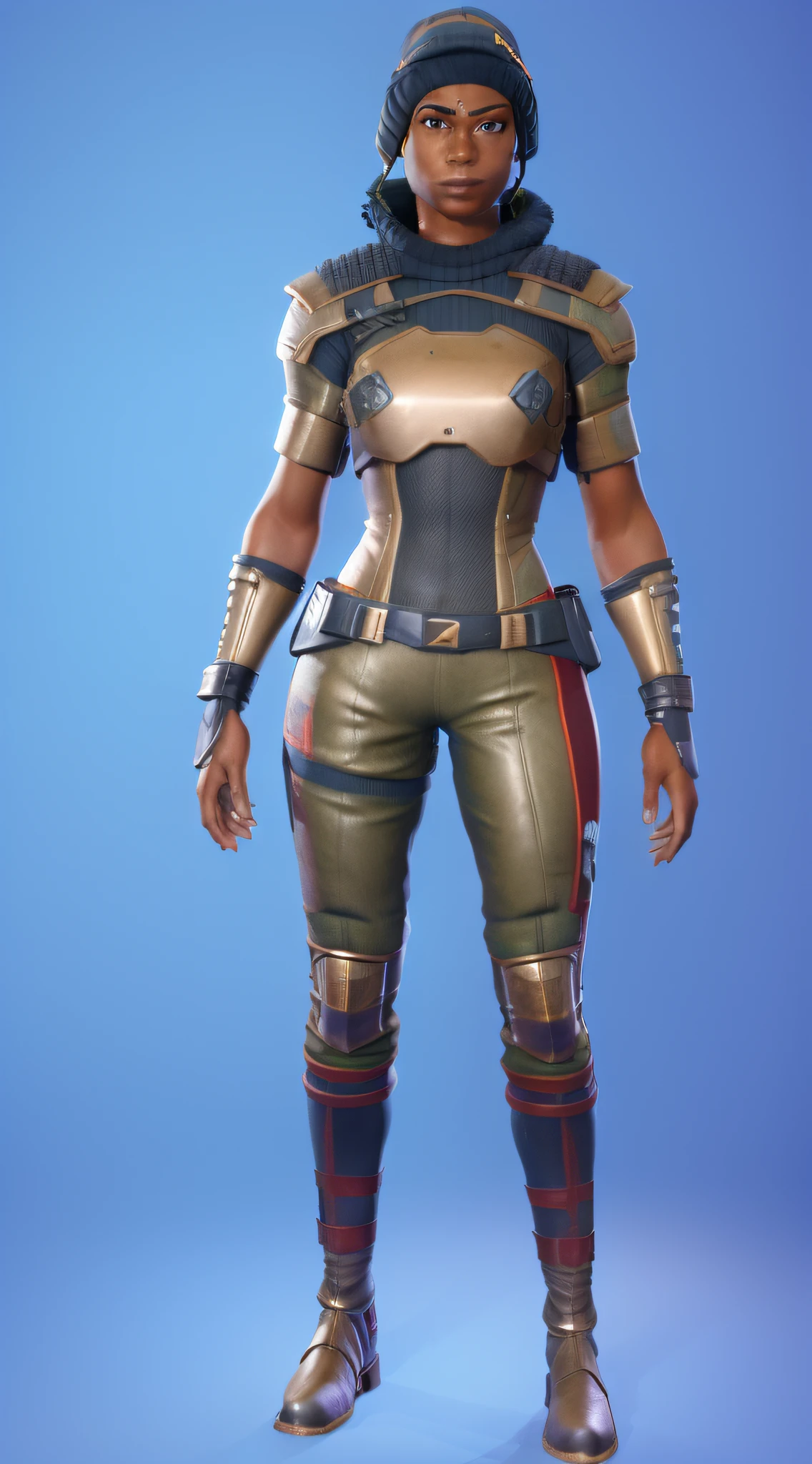 um close up de uma mulher de uniforme e capacete, metallic bronze skin, roupa de soldado, Personagem de Fortnite, pele de bronze, pele obsidianos, roupas militares estilizadas, Skin de Fortnite, Jogo fornecido. octan render, in a dark space mercenary outfit, tiro de corpo inteiro hiperdetalhado, equipamento militar, breu pele negra, como um personagem de fortnite