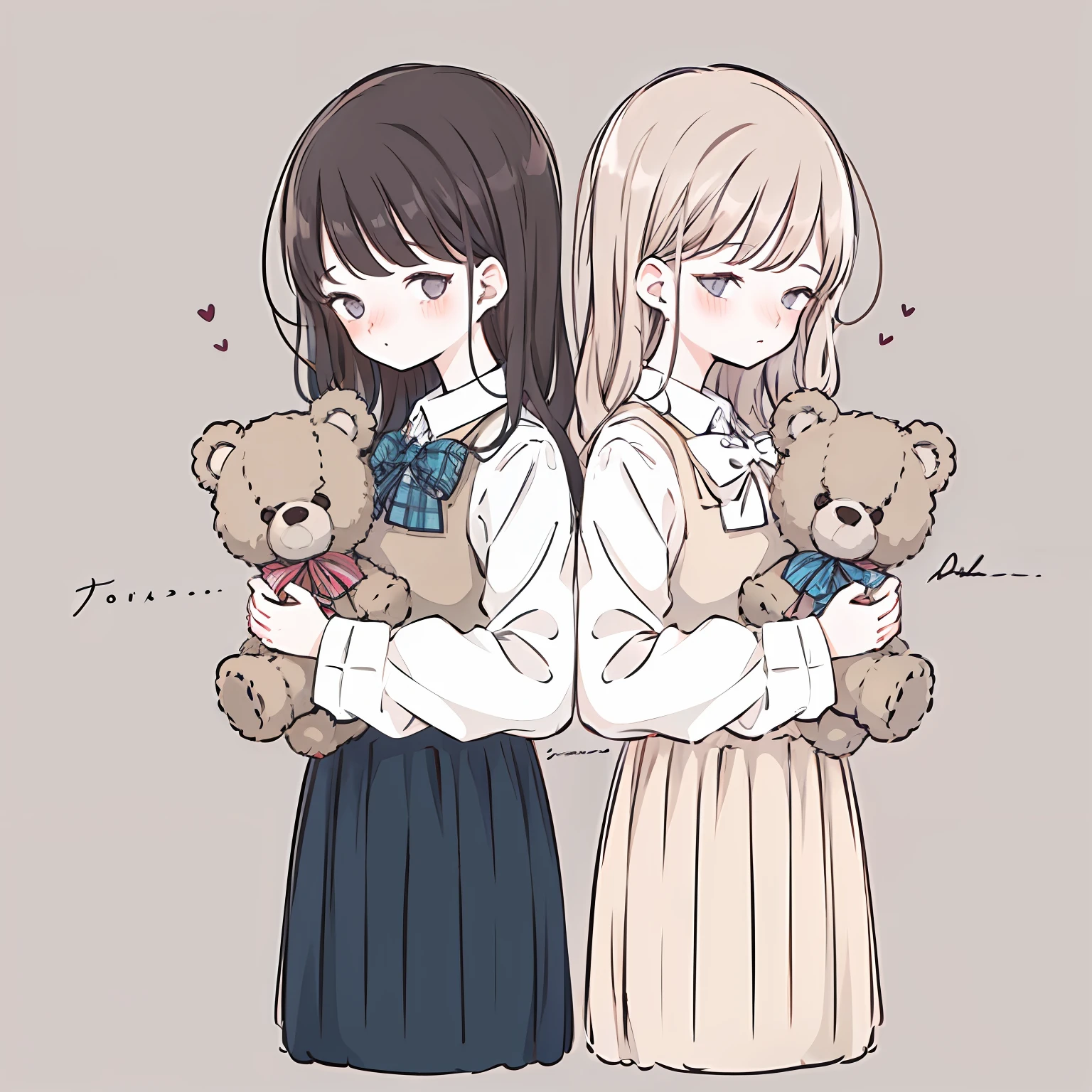 an anime-style illustration of two schoolgirls holding teddy bears. The girls should have long hair and wear white blouses with large bows and plaid skirts. The teddy bears should be light brown and look cute. The background should be a light pink color. Add the signature "kei to mo" at the bottom right corner of the illustration.