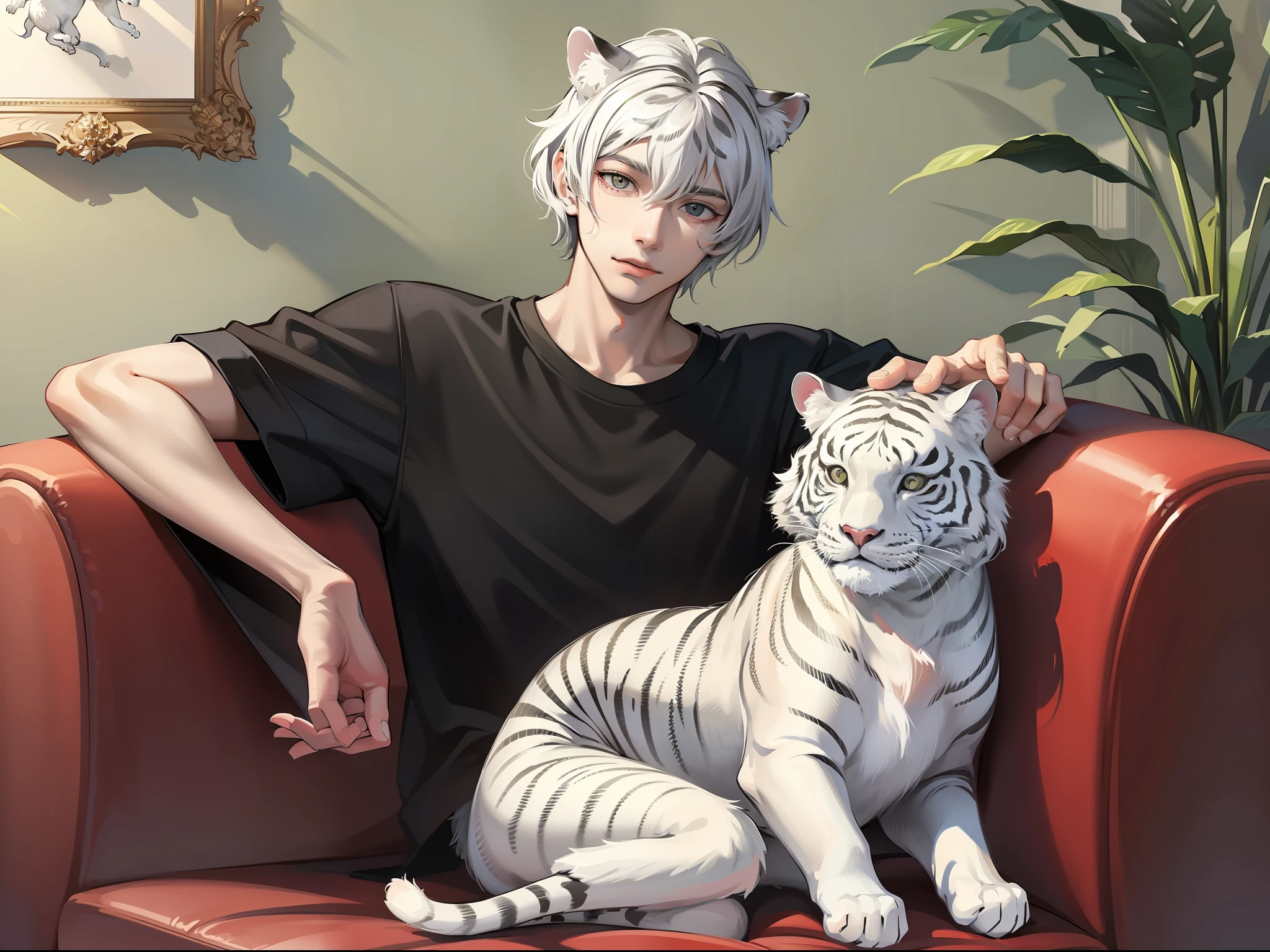 A young man and*(Three)The little white tiger sits on the sofa