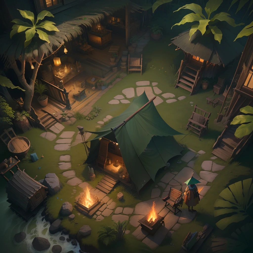 rate: 16:9, stylized art, A masterpiece, of the best quality, Top view,high-resolution, (((dark fantasy))), scene: (camp) fantastical, tropic, Stone tools,Dirt floorboard