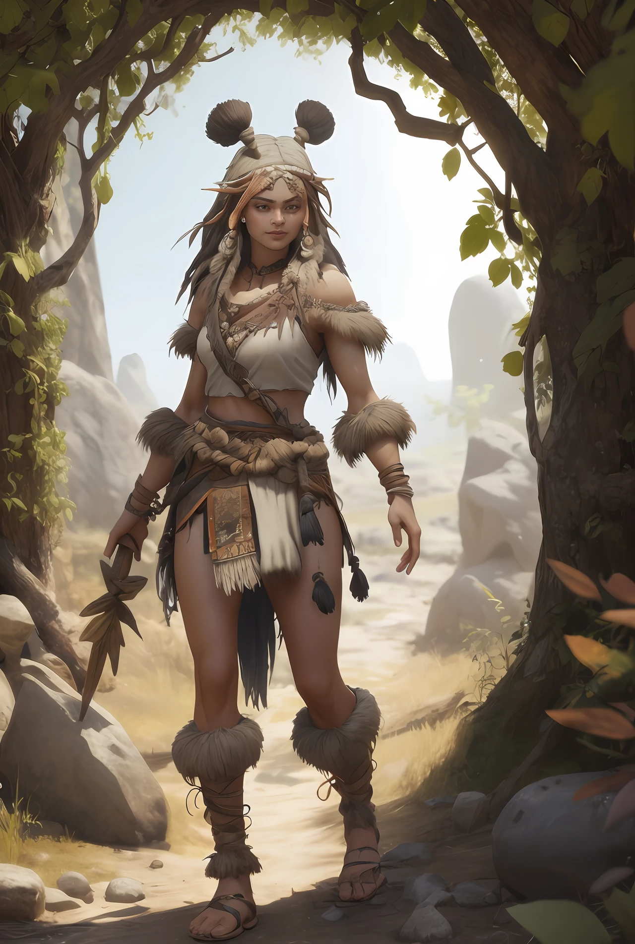 1 Northern Girl，Stone Age，Primitive barbarian style，highly details eye、详细的脸，Animal fur clothing，Ivory decoration，Nature, wild hairs, grape trees, Bones make weapons，Fantasy setting，Full body standing painting，dynamicposes，white backgrounid，character concept, character art, Character portrait，tmasterpiece，best qualtiy，Best resolution，8K，3Drenderingof，unreal-engine，tmasterpiece，high high quality，Hyper-detailing，Ray traching，