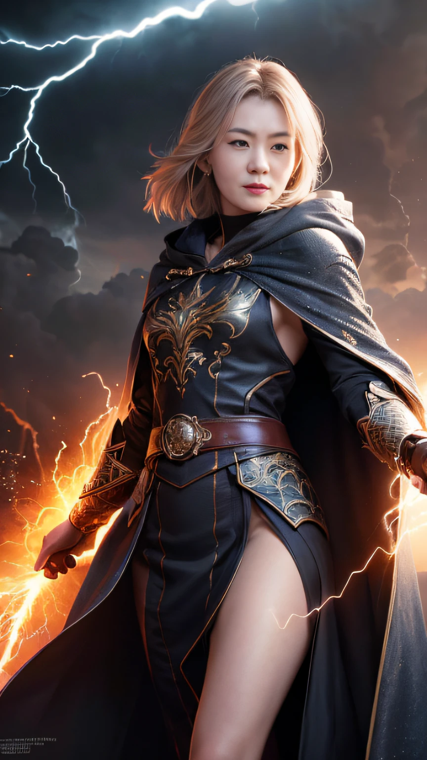 (skindentation:1.5), Realistic, Photorealistic, (masterpiece:1.5), concept art, intricate details, highly detailed, photorealistic, octane render, 8k, unreal engine, dynamic pose, best quality, highres, (realistic face:1.1), (hyperrealistic:1.1), ((full_body)), perfect eyes,(shiny skin:1.2), (((hairstyle))), (((perfect hands))), (extremely detailed background), ((dynamic background)), ((lightning)), (light rays), ((1girl)), wearing cloak, (((flowing cloak))), ((detailed eyes, high quality eyes, high quality face)), (extremely intricate robes, magical robes), short hair, casting lightning, electricity, swirling fire, radiating power, sparks, smoke, magic, ((dramatic)), epic, battlefield, depth of field, bokeh, 4k, gothic, ember, particles