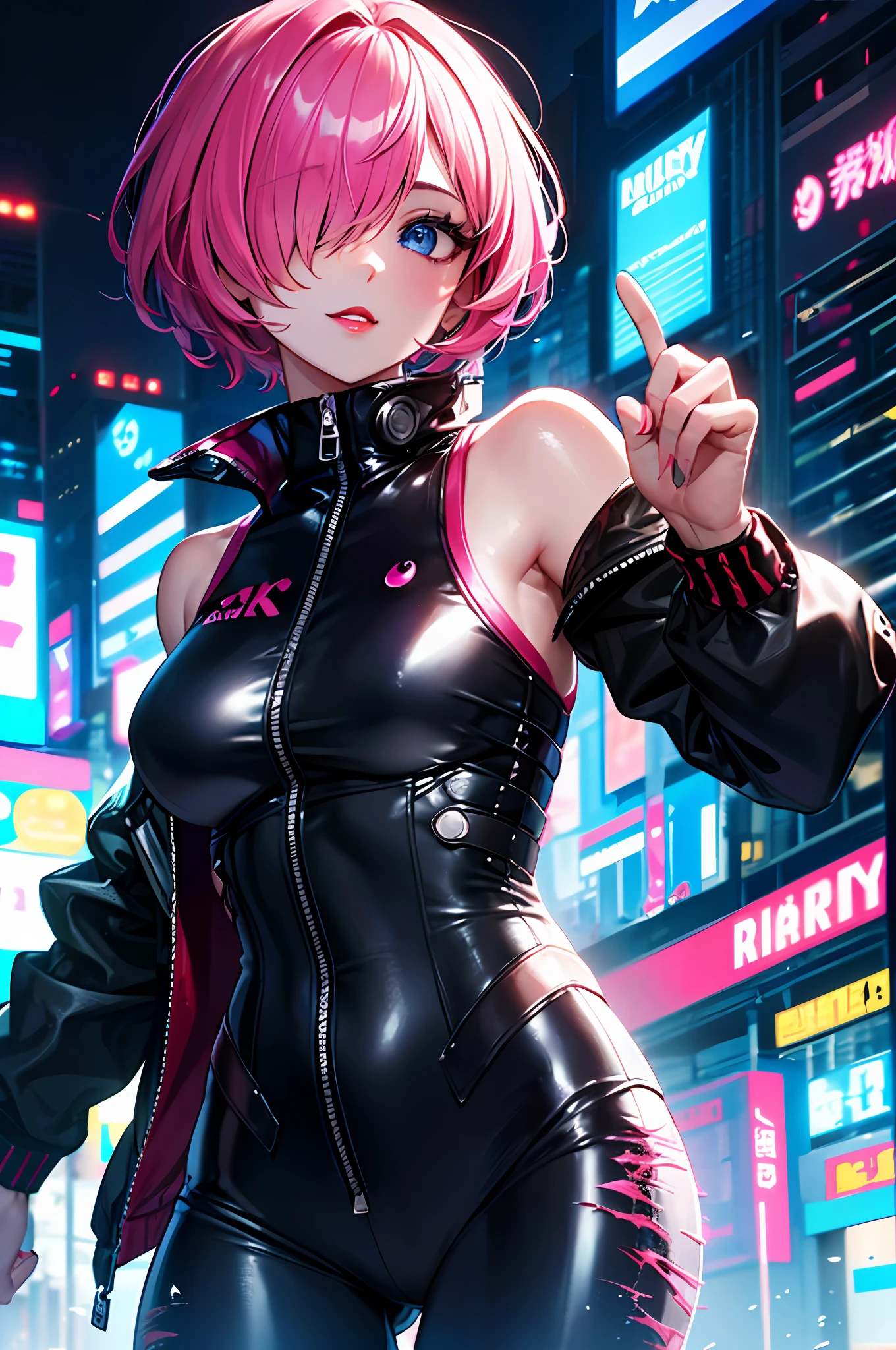 Top quality, fine detail, super detailed, accurate depiction, highly detailed 8k wallpaper, beautiful girl, solo, cowboy_shot, (blue eyes), (beautifully detailed eyes), seductive smile, (jacket: 1.3), (sleeveless bodysuit: 1.1), (beautiful and perfect fingers, 4fingers and 1thumb), (bare shoulders), (long eyelashes, red lips), (pink berry shorthair, hair over one eye), cyberpunk city,