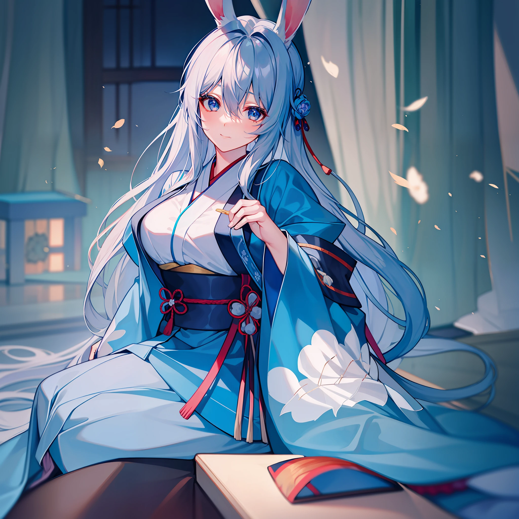 Become a woman。Female with rabbit ears。Silver-haired long-haired woman。Woman in blue kimono、I am in a Japanese-style room。I am sitting upright。It is an anime-style illustration。Beautiful with the best image quality。