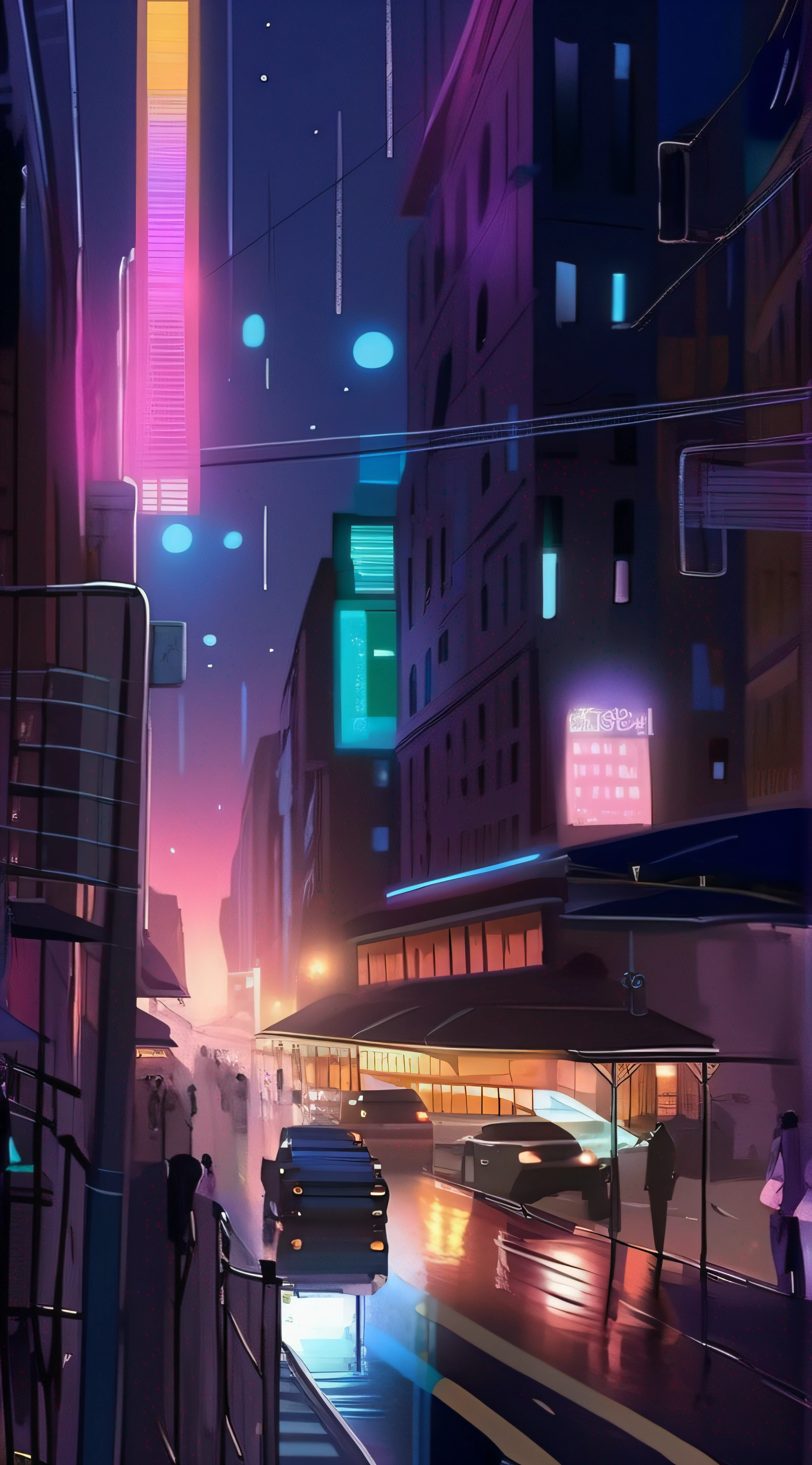 A beautiful city illuminated at night, pas trop sombre, au style moderne, dans une ambiance jazzy hip hop, New York en 2050.