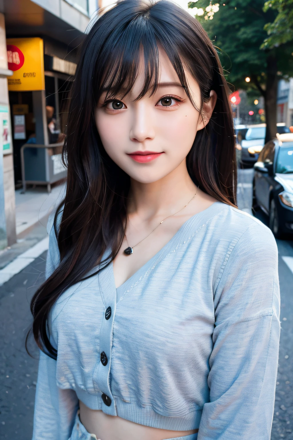 (((Medium Hair))), top-quality, 8K, nffsw, Hi-Res, absurderes:1.2, a picture, (Raw photography:1.2), (Photorealsitic:1.4), (masterpiece:1.3), (intricate detailes:1.2), 1girl in, 独奏, a japanese girl, Delicate and beautiful details, (A detailed eye), (detailed facial features), 小柄, (((tiny chest))), tonned skin, (up looking_で_viewer), from a_front, (skiny), (top-quality:1.4), (超A high resolution:1.2), cinematric light, (Extreme detailed illustration), (lipgloss、top-quality、超A high resolution、depth of fields、Caustics、Broadlighting、Natural Shading、85 mm、F / 1.4、ISO 200、1 / 160 seconds:0.75)、1girl in、独奏、Casual wear、A smile、校服、a necklace、、student clothes、乃木坂アイドル、hposing Gravure Idol、Beautie、In the street、Office Lady、(s Office)、The shirt、(lana)、(Office)、Work clothes