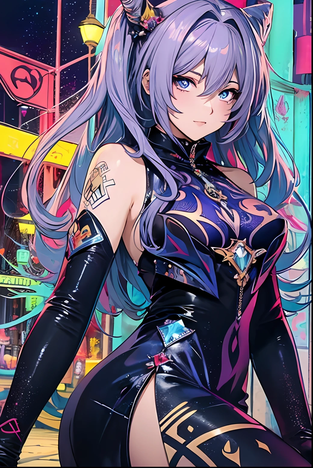 Anime (((Obra-Prima))) Melhor qualidade Uma mulher com roupa futurista,Olhos vermelhos , diamante na testa e no peito, pele com tonalidade Uva ,Diamond in the hands,Details of spiked rainbow latex dress, Tipo Rainbow Cyber Universe,segurando corrente flutuantes,estilo desenho animado vibrante , espectro escuro prime aura negra brilhante , dark rainbow ,estilo de arte cyberpunk arte cyberpunk anime Artgerm Julie Bell Beple Arte de fantasia digital colorida ,Arte Synthwave,psychedelic night trip highly colorful, temas paisley, FULL HD ,