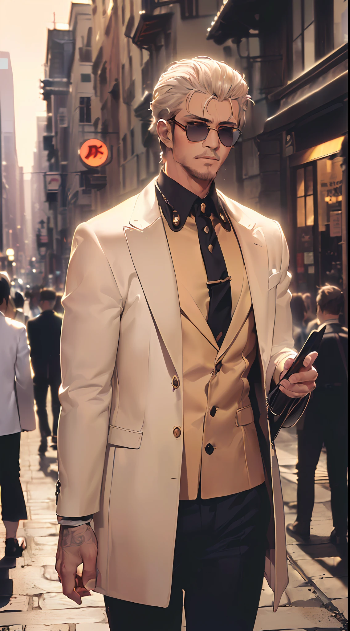 「(8k wallpaper:1.5)、(high-level image quality:1.3)、(animesque, illustratio:1.6)、(male people、独奏、Middle Age:1.4)、(macho、Sunglasses:1.5)、(Wolfcut:1.4)、(Long white jacket、Rider Suit:1.5)、(Attaché Case:1.3)、(natta、In the street:1.3)、(sepia, gradients:1.5)」