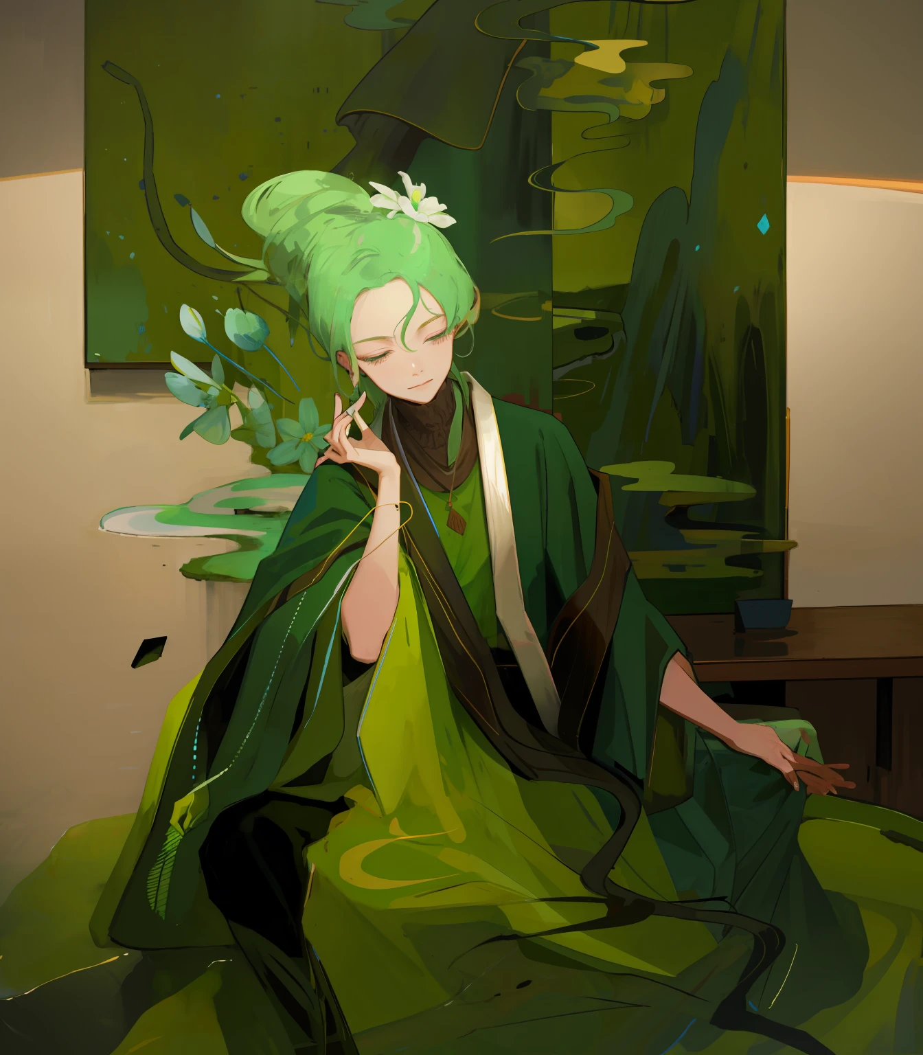 Painting a woman sitting by the water in a light green to blue dress