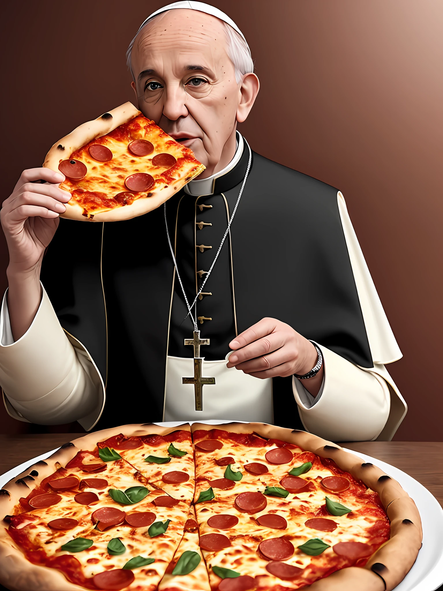 Catholic Pope Francisco eating pizza, highly detailed, realistic photography, 8K