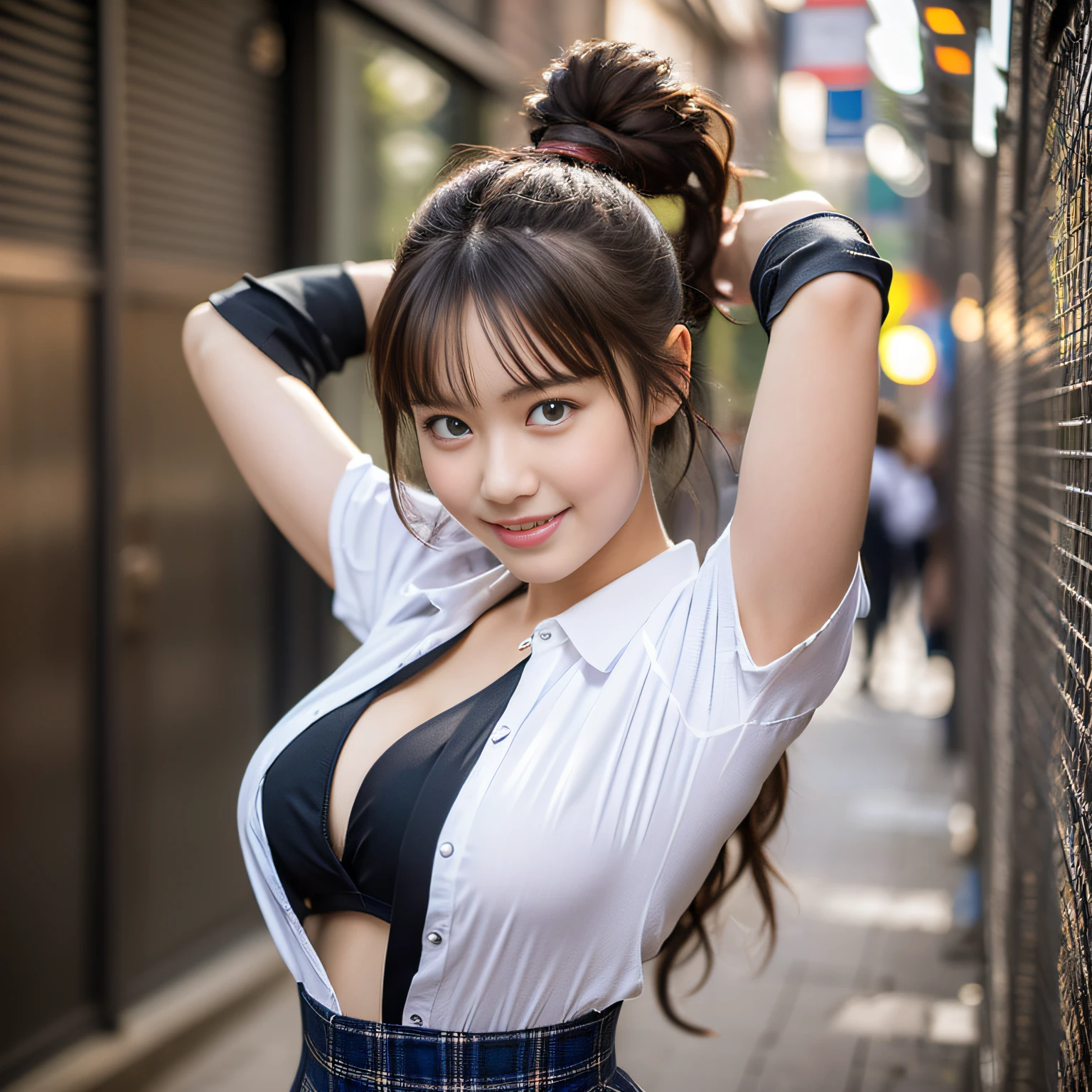 ((Top Quality, 8k, Masterpiece: 1.3)), Pretty Women with Perfect Figure: 1.4, (Big: 1.2), Highly Detailed Face and Skin Texture, Detailed Eyes, High School Students, Uniforms, Blouses, Miniskirts, (Poses at School: 1.2), 1girl, Cinematic, Full Body, Japan Goddess, Ponytail, Smile, There Are Students, People Are Being Watched, Waist Wriggling Poses