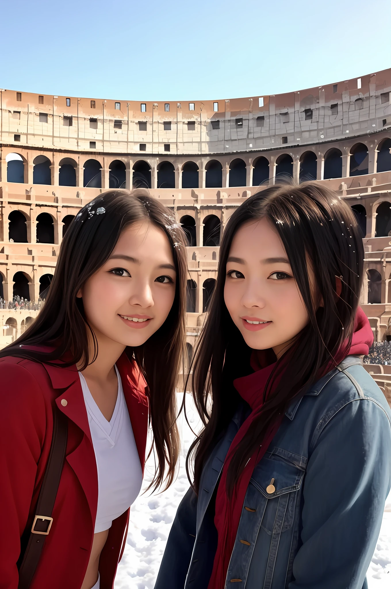 （Positive focus),2girls,duo,navel,(At the Colosseum,crowd,winter,Snowy),Surrealistic Female Portraits by David Hockney and Alphonse Mucha,Fantasy art,photograph realistic， Dynamic lighting，art  stations,poster for,Volumetriclighting,Very detailed faces,4K,Award-Awarded,Fantastic costumes,Deep shadows,low tune,cowboy lens， （official outfit：1.4）， looking at the camera in， Half-body shot，（（Realistic face））），