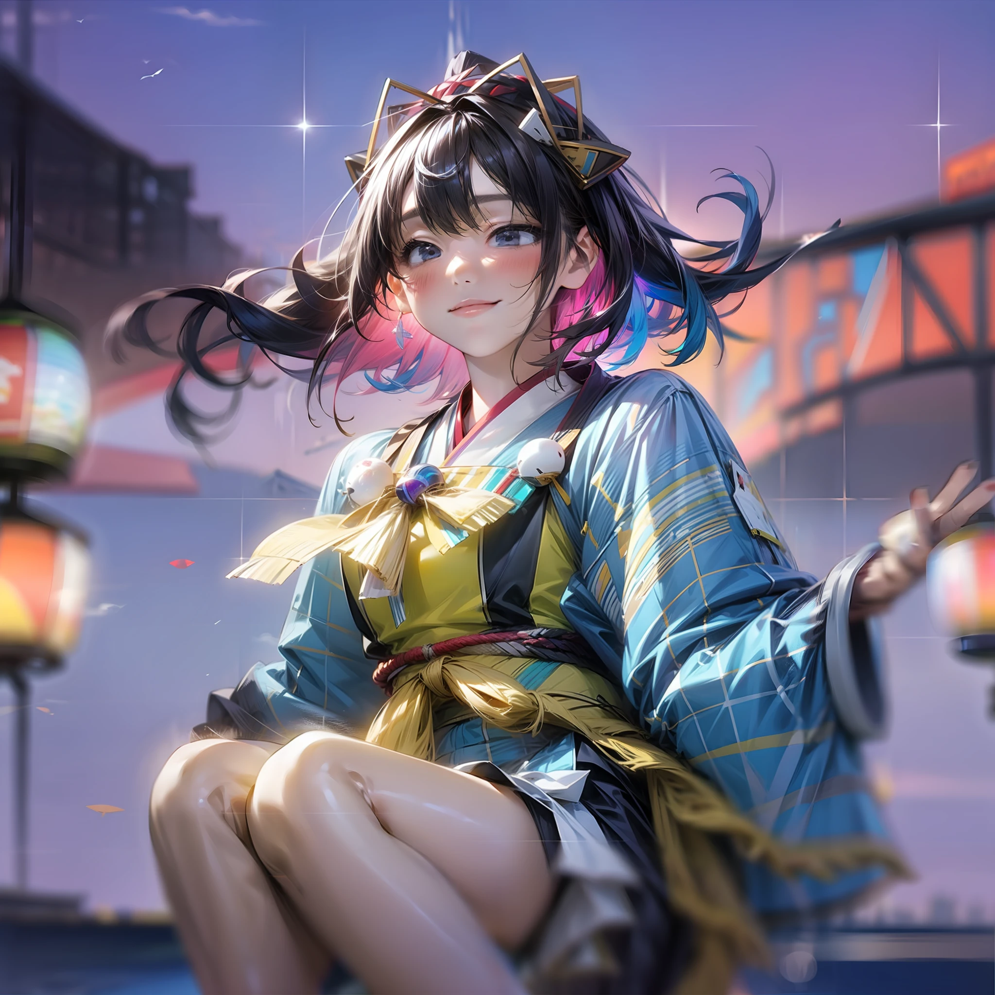 In 8K ultra-high resolution、Depicting a summer day in the near future Japan。In the center is、A lively young woman is depicted。Her hairstyle is short cut with black hair、Some of them are yellow.、pink there、Painted in a blue hologram color。She、Wearing neon colored athletic top and transparent shorts、Wearing futuristic sneakers with white light。
In her hands、AI-controlled hologram drone floating with her movements。It flew nimbly around her、Playing happily with her。
Behind、Summer blue sky and white clouds spread out、Above it is a digital lantern powered by solar energy swaying。Spread out at her feet、With a city skyline that shines light、The ocean of the future is bustling with floating artificial islands and transparent maritime transportation。
On the distant horizon、Mt. Fuji stands gracefully、Fireworks were launched from the top.、Colorful lights are shining all over the sky。
Next to her is、Summer festival stalls formed by holograms are lined up、a person々is enjoying VR experience games and gourmet food created by AI。The bustle of the festival、music、And the sound of digital wind chimes swaying in the wind、It further emphasizes the atmosphere of summer Japan in the near future.。
