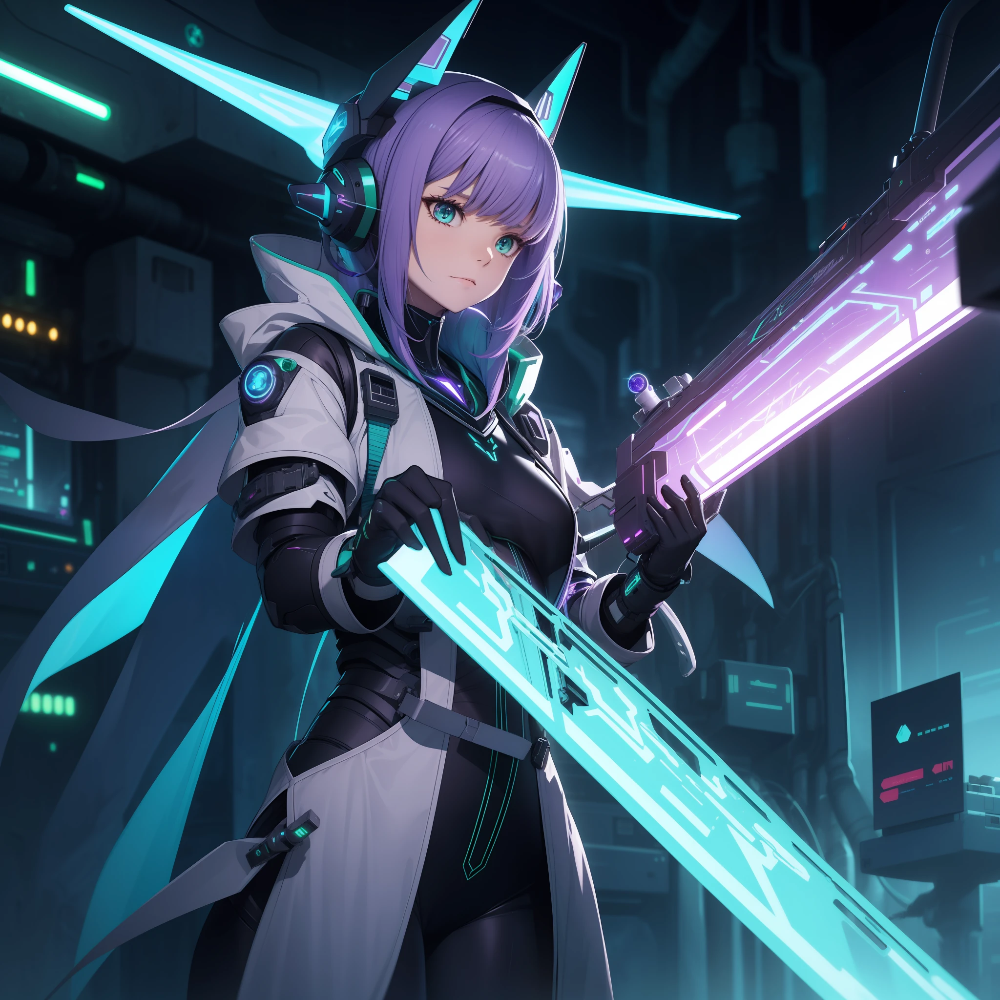 Cyberwind，future-tech，Technical weapons，Green steam，Interstellar space，ripped apart，Purple lumens，Sense of virtuality，Green hair，cosmic space