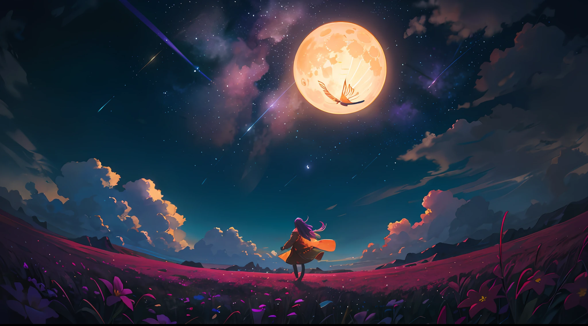 A wide landscape photo, (viewed from below, the sky is above, and the open field is below), a girl standing on a flower field looking up, (full moon: 1.2), (meteor: 0.9), (nebula: 1.3), distant mountains , Trees BREAK Crafting Art, (Warm Light: 1.2), (Firefly: 1.2), Lights, Lots of Purple and Orange, Intricate Details, Volumetric Lighting BREAK (Masterpiece: 1.2), (Best Quality), 4k, Ultra Detailed, (Dynamic Composition: 1.4), Rich in Detail and Color, (Rainbow Color: 1.2), (Glow, Atmospheric Lighting), Dreamy, Magical, (Solo: 1.2)