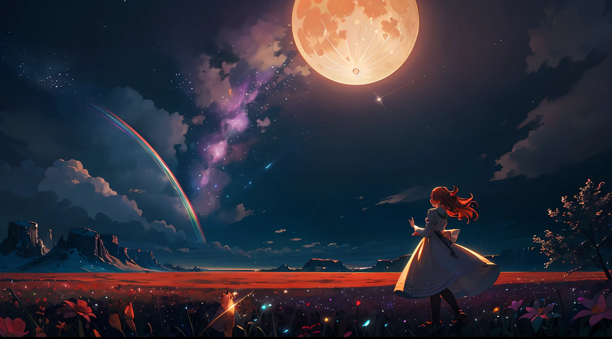 A wide landscape photo, (viewed from below, the sky is above, and the open field is below), a girl standing on a flower field looking up, (full moon: 1.2), (meteor: 0.9), (nebula: 1.3), distant mountains , Trees BREAK Crafting Art, (Warm Light: 1.2), (Firefly: 1.2), Lights, Lots of Purple and Orange, Intricate Details, Volumetric Lighting BREAK (Masterpiece: 1.2), (Best Quality), 4k, Ultra Detailed, (Dynamic Composition: 1.4), Rich in Detail and Color, (Rainbow Color: 1.2), (Glow, Atmospheric Lighting), Dreamy, Magical, (Solo: 1.2)