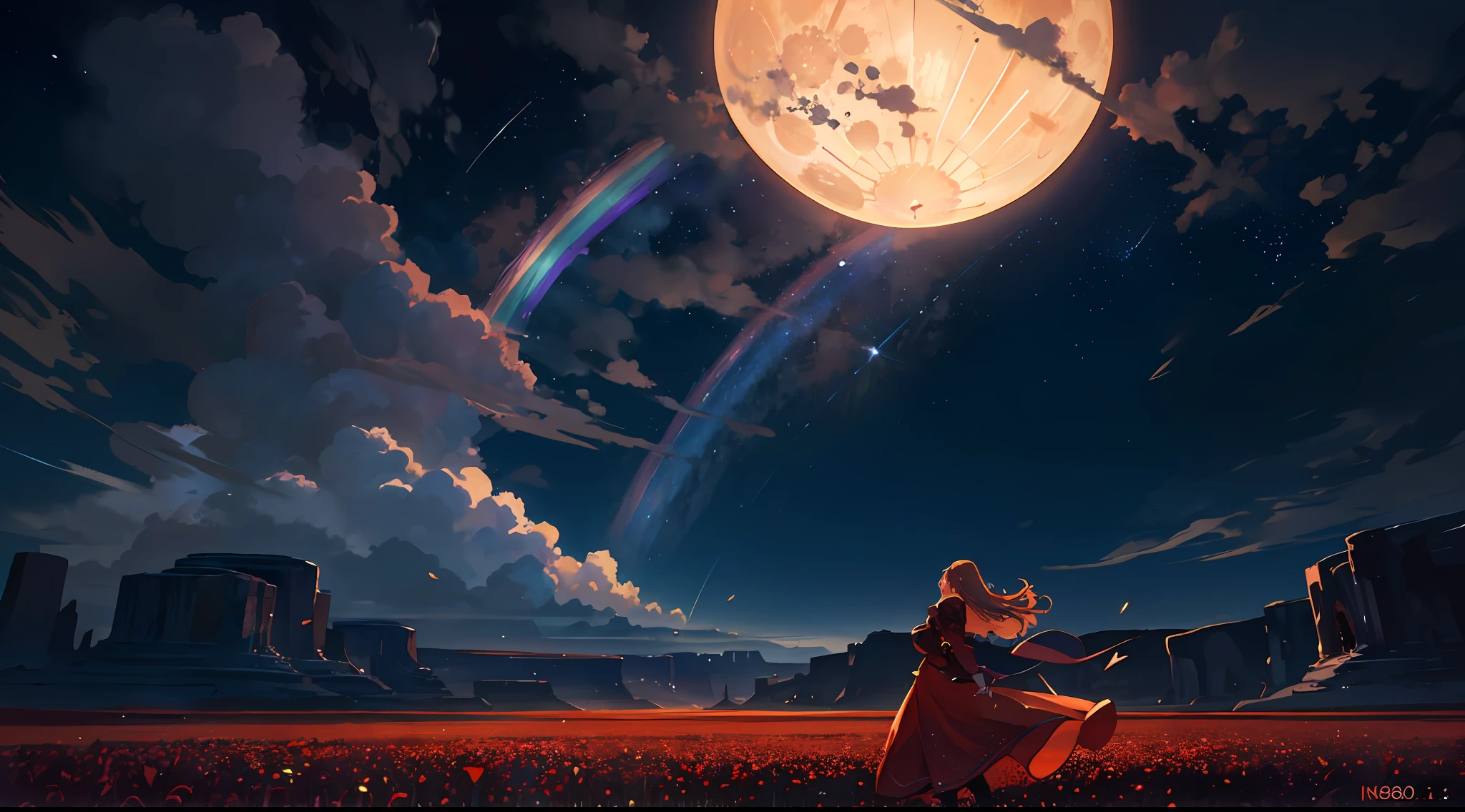 A wide landscape photo, (viewed from below, the sky is above, and the open field is below), a girl standing on a flower field looking up, (full moon: 1.2), (meteor: 0.9), (nebula: 1.3), distant mountains , Trees BREAK Crafting Art, (Warm Light: 1.2), (Firefly: 1.2), Lights, Lots of Purple and Orange, Intricate Details, Volumetric Lighting BREAK (Masterpiece: 1.2), (Best Quality), 4k, Ultra Detailed, (Dynamic Composition: 1.4), Rich in Detail and Color, (Rainbow Color: 1.2), (Glow, Atmospheric Lighting), Dreamy, Magical, (Solo: 1.2)