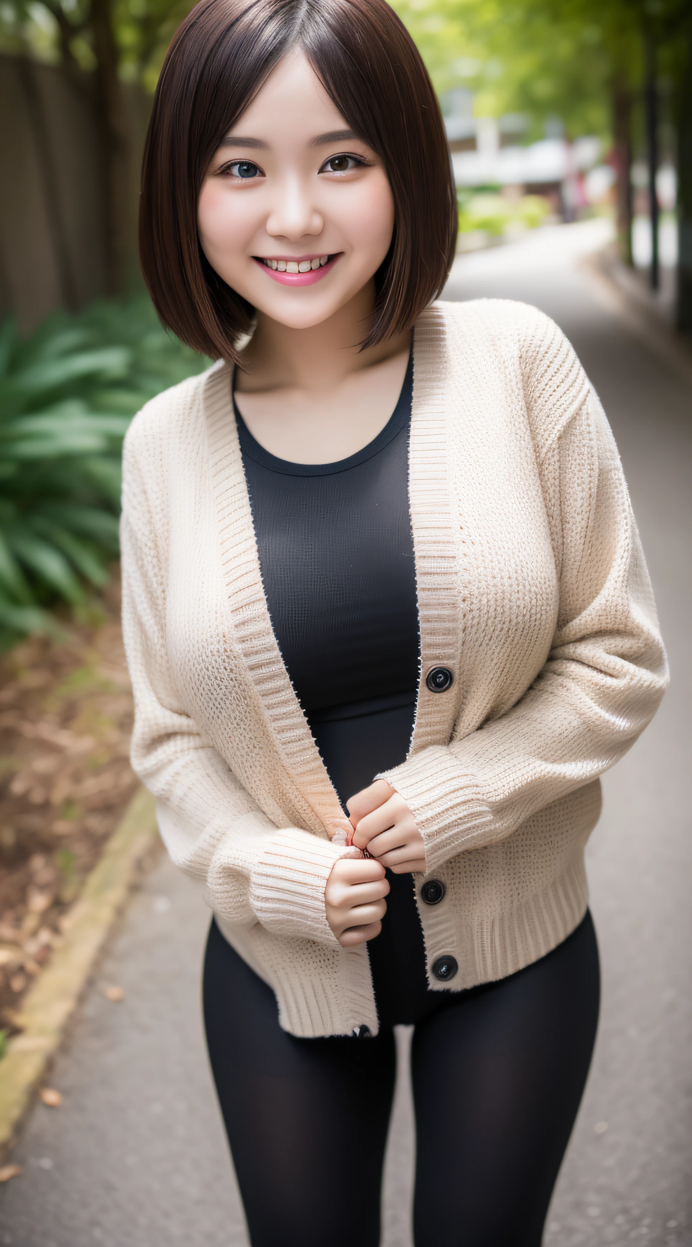 ultra, high quality, raw image, Highly detailed, indonesian girl, 22 years-old, cardigan, detailed face, beautiful face, short casual hairstyle, , big breast, plump body, outdoor, selfie, sweet smile, tight legging