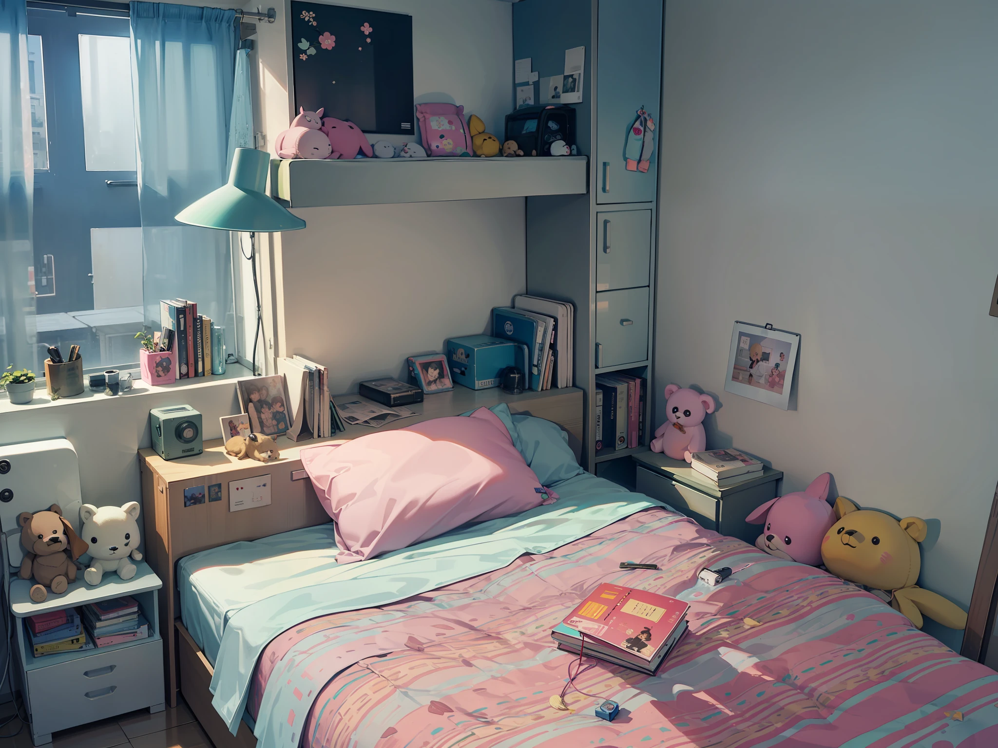 There is a bed,There was a pink pillow,There are a lot of stuffed toys on it, small and cosy student bedroom, bed on the right, inside bedroom, studyng in bedroom, in a bedroom, interior of a small room, Small room, cute room, inside a child's bedroom, Bed room, A bright room, Dimly lit bedroom, furnished room, small bed not made