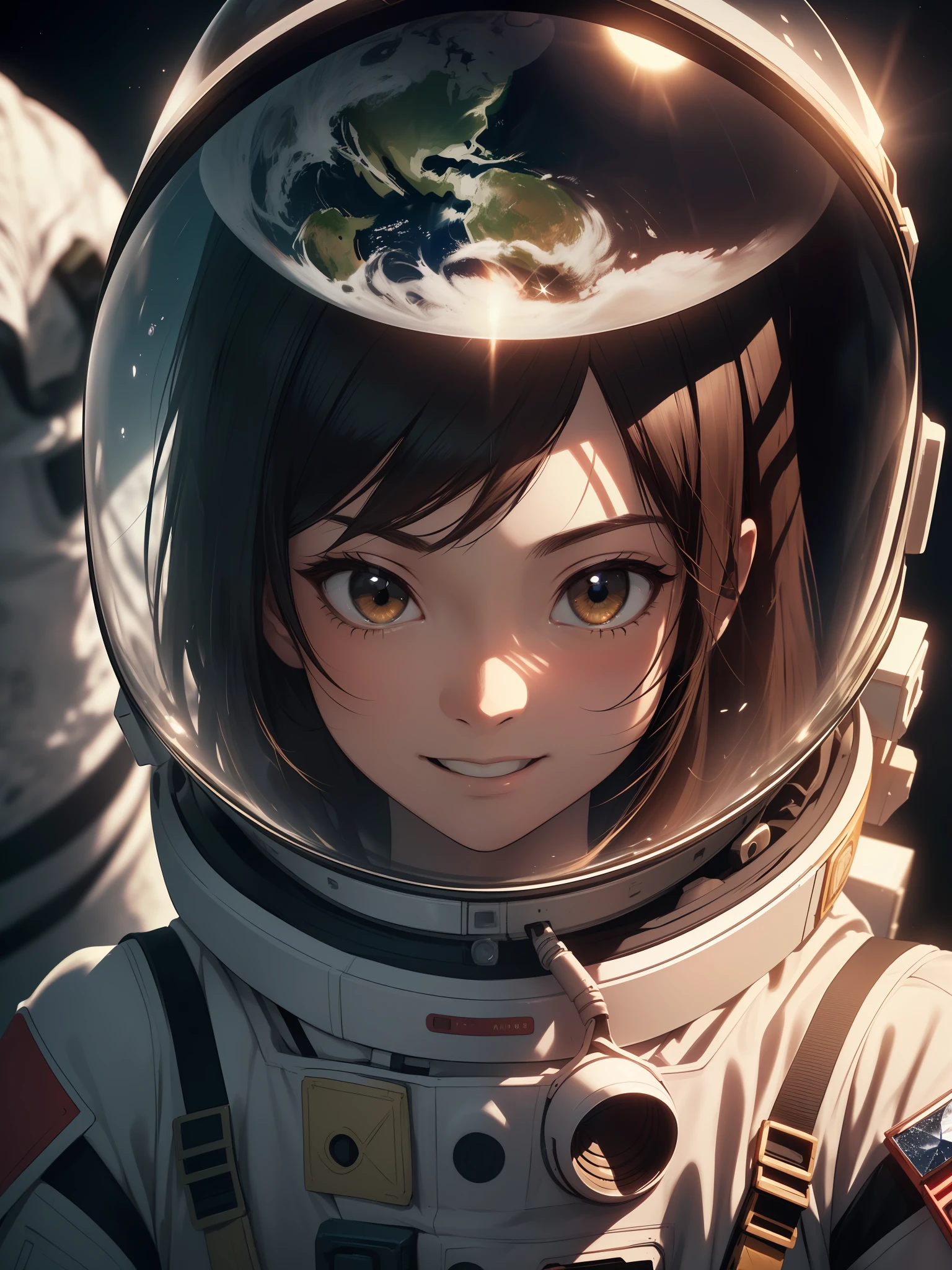 masterpiece, (best quality:1.2), high quality, (((photoreal)), cinematic direction, (high contrast), depth of field, (award-winning difference photo), face detail, detailed drawing, ((high quality)), ((masterpiece)), 8k, light rays, extremely detailed CG unity 8k wallpaper, Extremely high quality detailed close-up picture of suzumiya haruhi, Looks happy and amazed, focuses on her upper body. She is in a realistic detailed and highest quality astronaut helmet and astronaut suit. standing on the moon. A realistic detailed and highest quality earth reflection is on her helmet. Detailed highest quality realistic hand. Extremely Detailed highest quality suzumiya haruhi’s face, excitement, happiness, amazement. Enhanced quality.