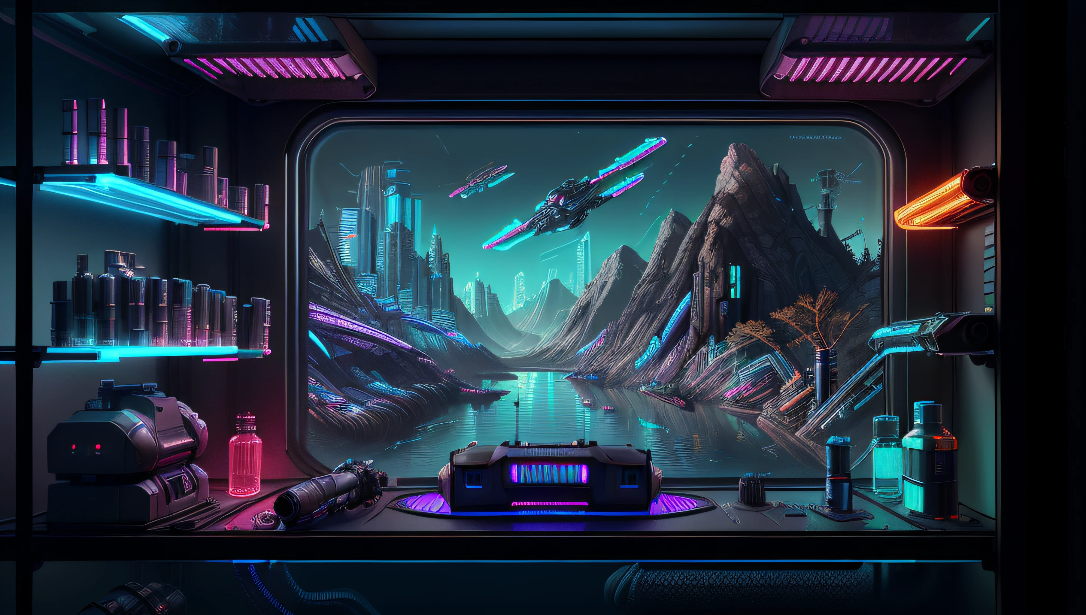cyberpunk futuristic laboratory with (robot parts:1.2) strewn all over, parts in bins on shelves, wiring, electronics, highly detailed landscape artstation cgsociety digital illustration
display window looking out on a peaceful natural mountain river to8contrast style,
transparent pipes with glowing liquid in neon colors