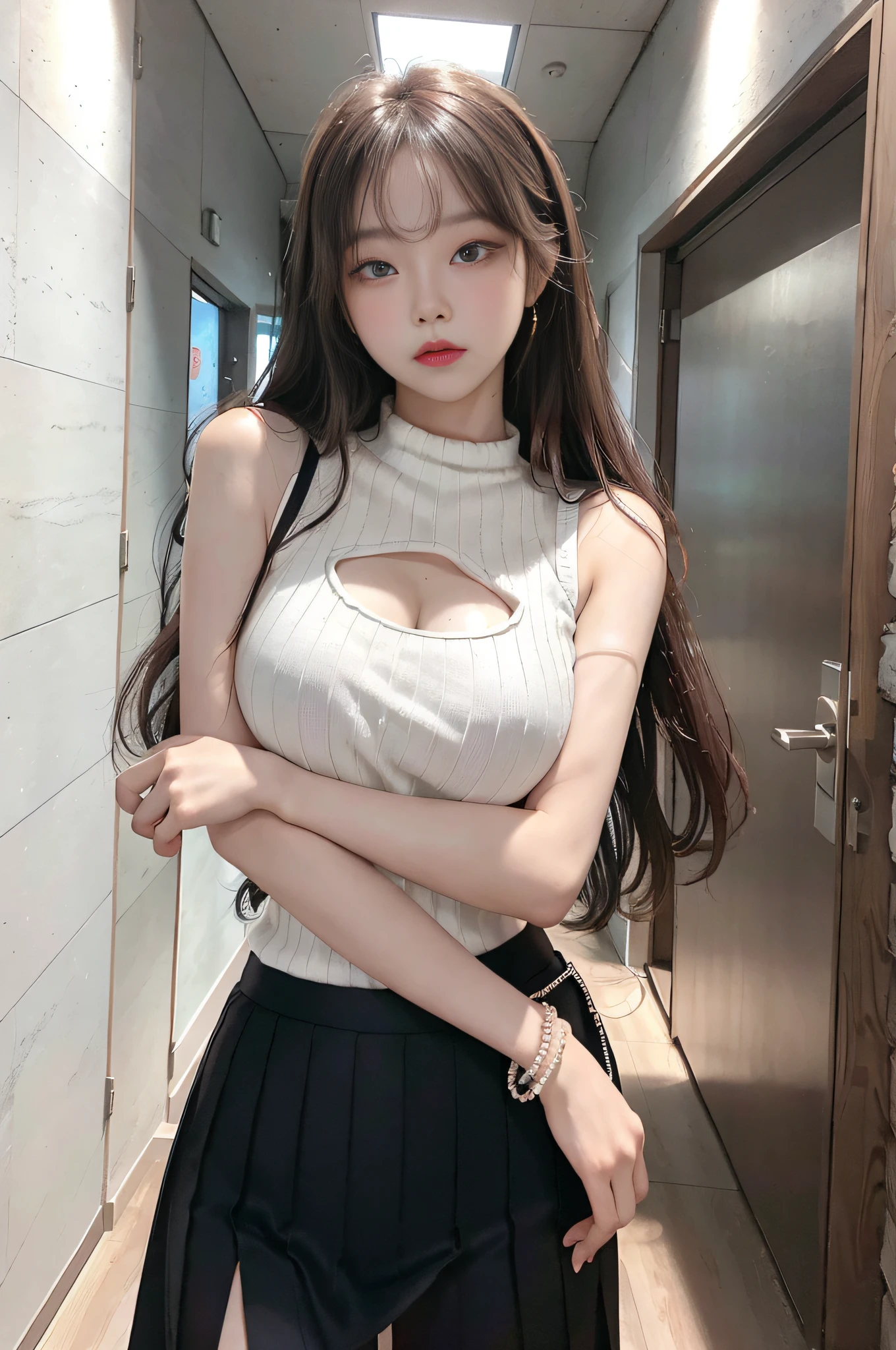 Top image quality、Raw photography、超A high resolution、 Korean、big round chest、Sleeveless、Formal Summer Knitwear、Tight knit、Formal Office Skirt、Black skirt、fair white skin、shiny white skin、elongated eyes、Beautiful eyes with random colors、beautiful eyes finely detailed、pale pink blush、long eyeslashes、beautiful double eyelid、eyeshadows、Glowing brown hair、A bracelet、Stand in front of a gray wall、The front door of a large company