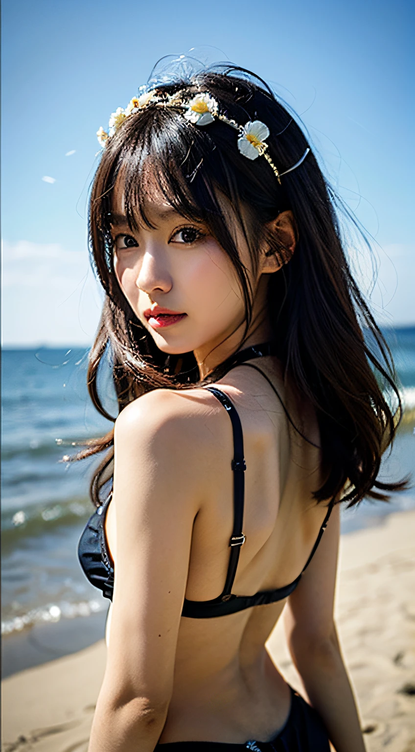 (​masterpiece, top-quality, a beauty girl, kawaii faces:1.5), (The upper part of the body, bangss:1.2), tiny waist, (Simple background:1.4), the beach, (Horizon, beautiful ocean, Skysky, A clear day:1.2), The bikini, face lights, 8K, Official art, Raw foto, incredibly absurdness, depth of fields, Look at viewers, A hyper-realistic, hight resolution, a picture, film grains, chromatic abberation, foco nítido, Bokeh background, Dynamic lighting, highestdetailed, ighly detailed、ultra-detailliert、detaile、extremely detailed eye and face、the pose