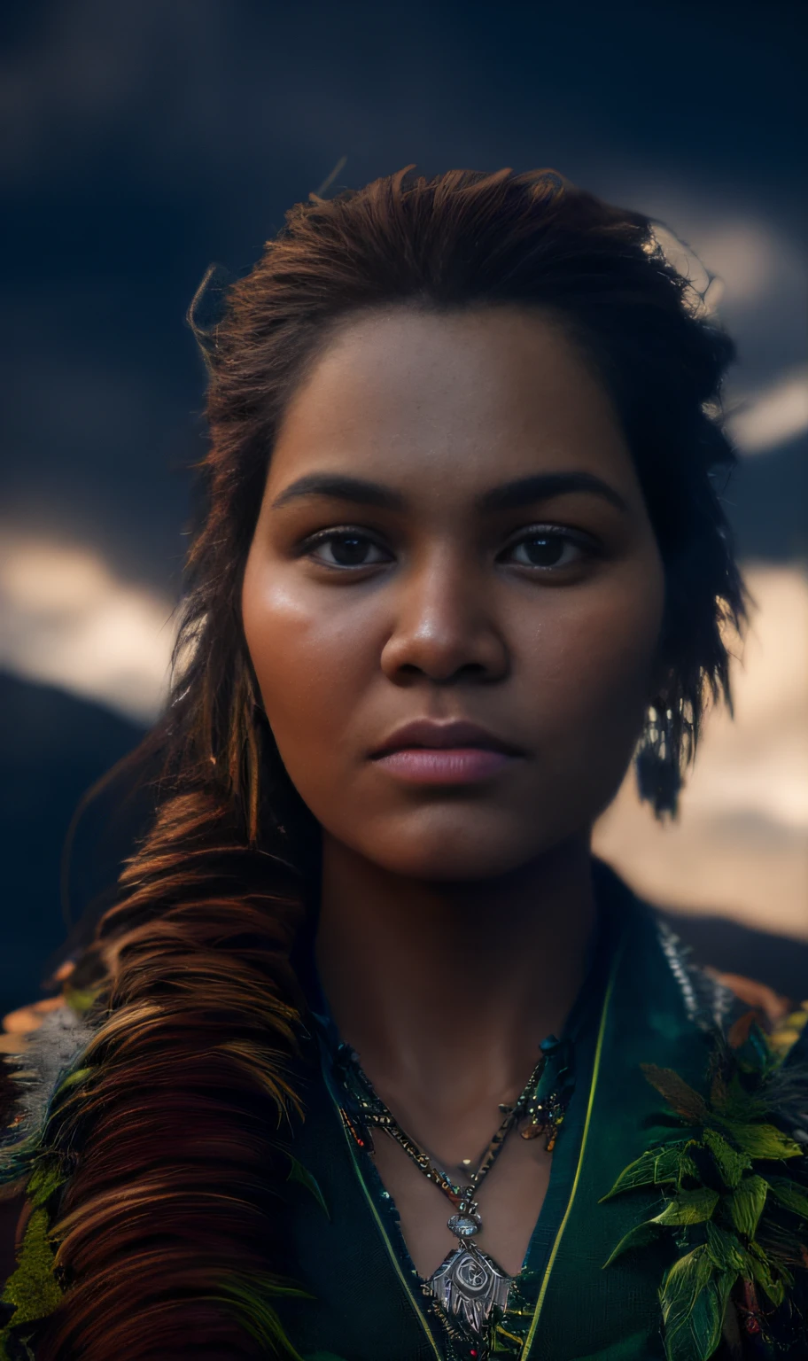 ultra realistic photography, perfectly centered medium upper shot of Aloy from horizon zero dawn, creatures from horizon zero dawn jungle cliffs in the background, looking at viewer, fashion pose, extremely detailed eyes, detailed symmetric realistic face, extremely detailed natural texture, detailed peach fuzz, messy hair, masterpiece, absurdres, award winning photo by lee jeffries, nikon d850 film stock photograph, kodak portra 400 camera f1.6 lens, depth of field, extremely detailed, amazing, fine detail, rich colors, hyper realistic lifelike texture, dramatic lighting, unrealengine, trending on artstation, cinestill 800 tungsten, photo realistic, RAW photo, TanvirTamim, high quality, highres, sharp focus, extremely detailed, cinematic lighting, 8k uhd, high definition, cinematic, neoprene, behance contest winner, featured on unsplash, cgsociety, unreal engine 5, ultra sharp focus