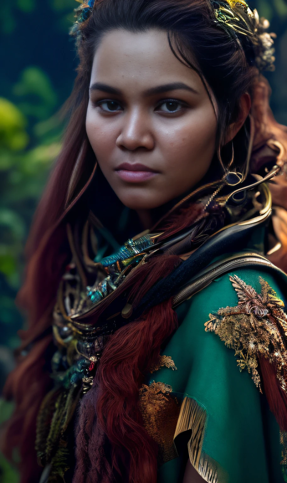 ultra realistic photography, perfectly centered medium upper shot of Aloy from horizon zero dawn, creatures from horizon zero dawn jungle cliffs in the background, looking at viewer, fashion pose, extremely detailed eyes, detailed symmetric realistic face, extremely detailed natural texture, detailed peach fuzz, messy hair, masterpiece, absurdres, award winning photo by lee jeffries, nikon d850 film stock photograph, kodak portra 400 camera f1.6 lens, depth of field, extremely detailed, amazing, fine detail, rich colors, hyper realistic lifelike texture, dramatic lighting, unrealengine, trending on artstation, cinestill 800 tungsten, photo realistic, RAW photo, TanvirTamim, high quality, highres, sharp focus, extremely detailed, cinematic lighting, 8k uhd, high definition, cinematic, neoprene, behance contest winner, featured on unsplash, cgsociety, unreal engine 5, ultra sharp focus
